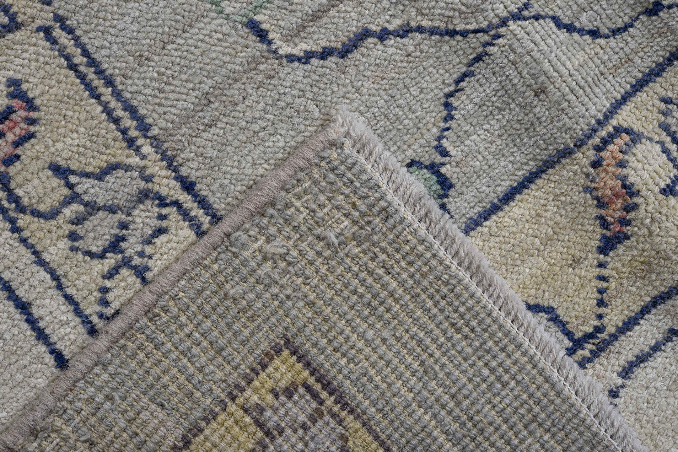 11' x 15' one-of-a-kind handmade vintage Oushak oversize rug. Color palette: ivory, taupe, sage, aqua, blush, navy, gold