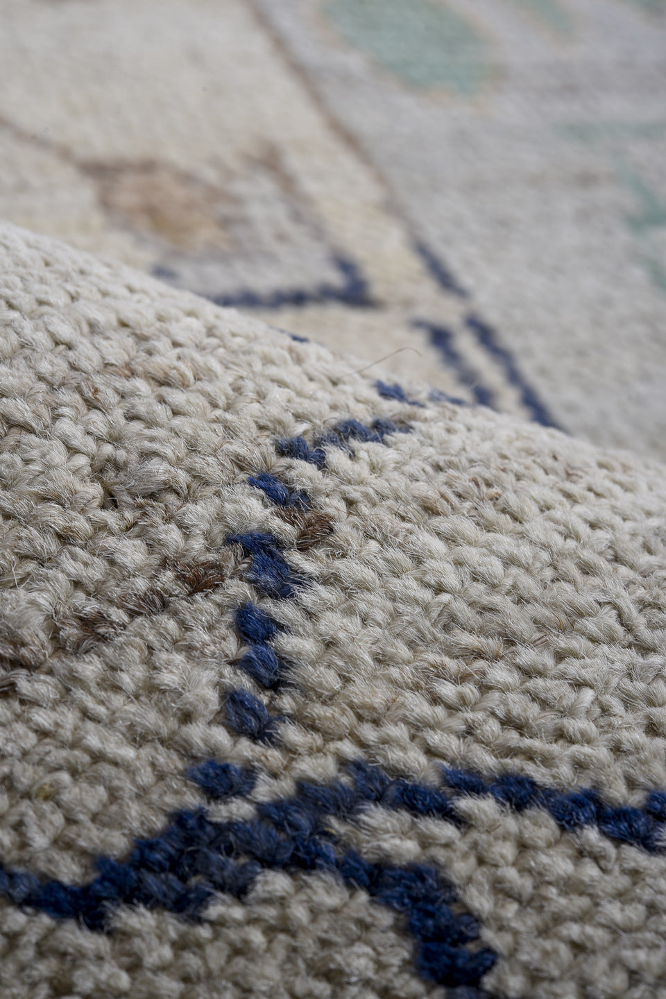 11' x 15' one-of-a-kind handmade vintage Oushak oversize rug. Color palette: ivory, taupe, sage, aqua, blush, navy, gold