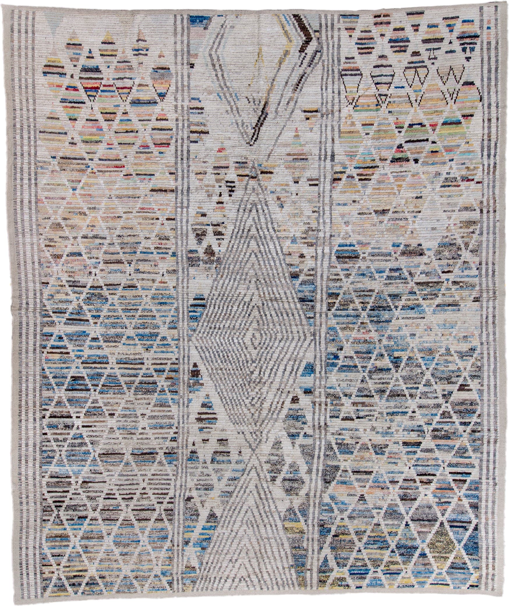 13' x 15' one-of-a-kind handmade vintage Tulu oversize rug. Color palette: ivory, gray, blue, charcoal, taupe, gold, sage