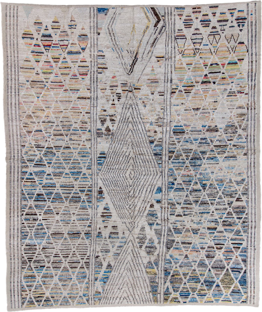 13' x 15' one-of-a-kind handmade vintage Tulu oversize rug. Color palette: ivory, gray, blue, charcoal, taupe, gold, sage