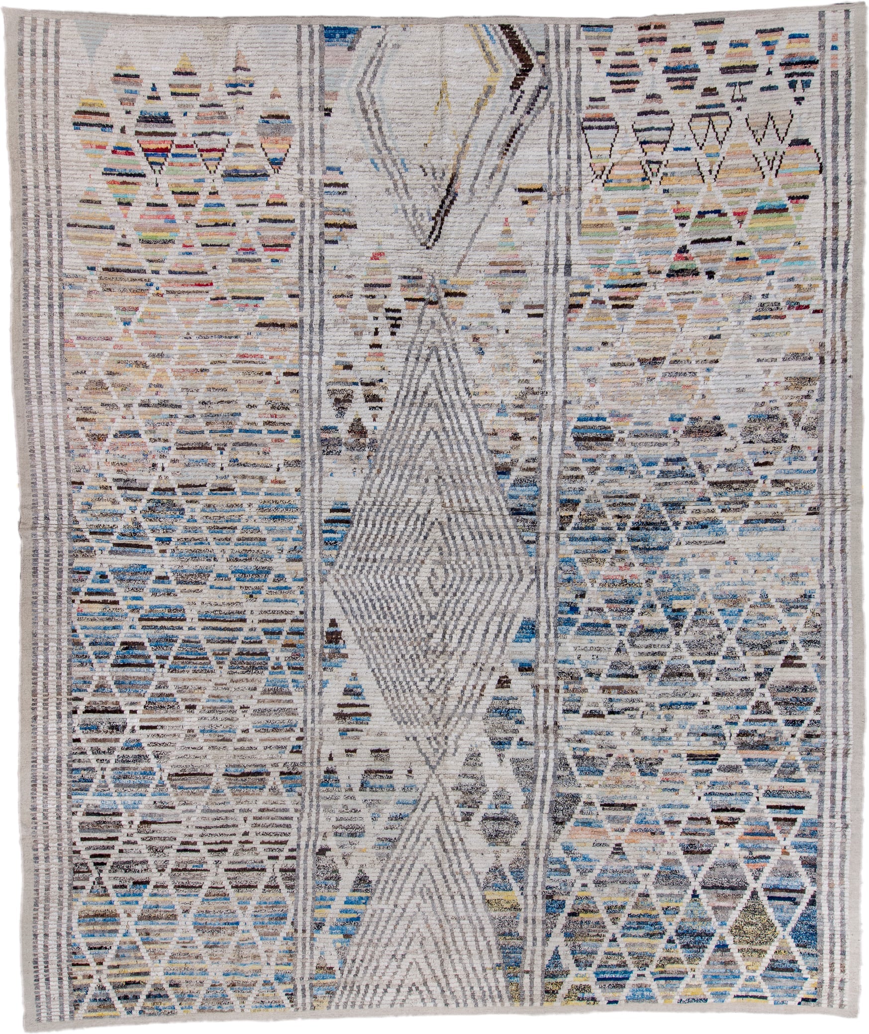 13' x 15' one-of-a-kind handmade vintage Tulu oversize rug. Color palette: ivory, gray, blue, charcoal, taupe, gold, sage