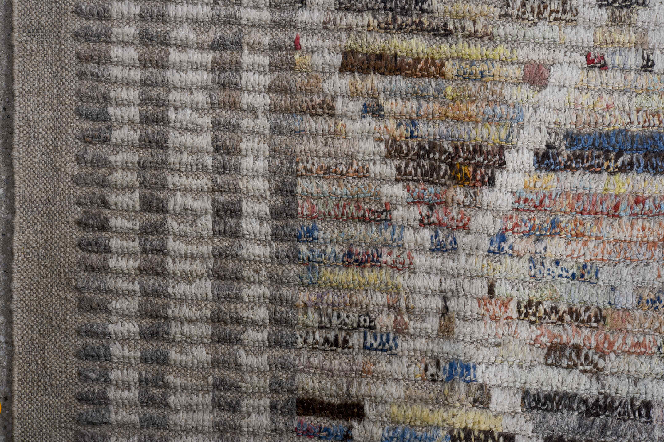 13' x 15' one-of-a-kind handmade vintage Tulu oversize rug. Color palette: ivory, gray, blue, charcoal, taupe, gold, sage