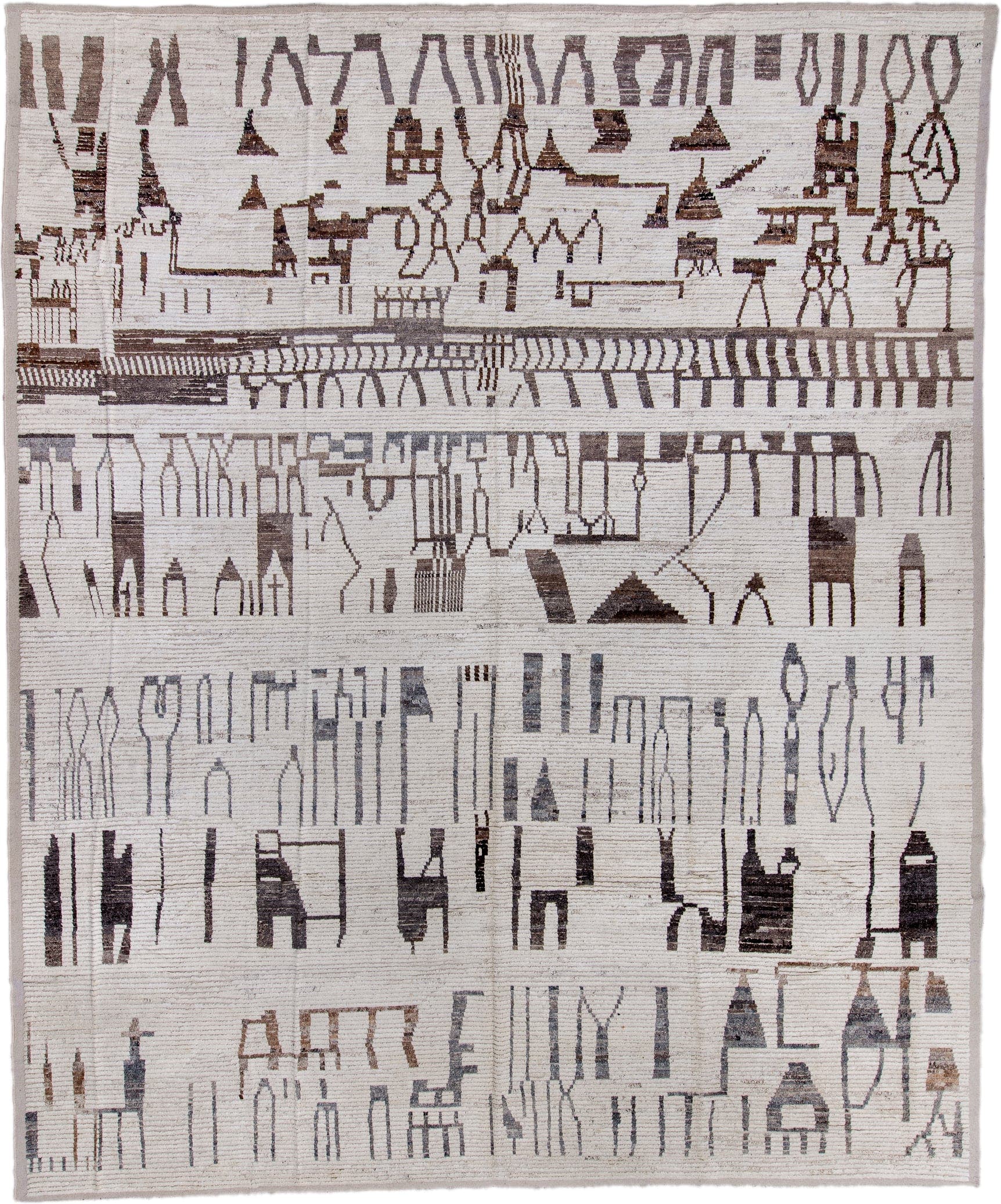 13' x 16' one-of-a-kind handmade vintage Tulu oversize rug. Color palette: ivory, charcoal, taupe, slate, gray, black, beige