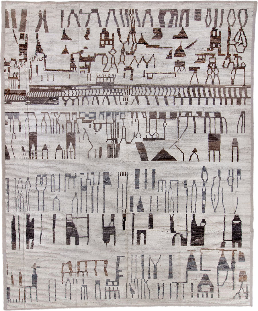 13' x 16' one-of-a-kind handmade vintage Tulu oversize rug. Color palette: ivory, charcoal, taupe, slate, gray, black, beige