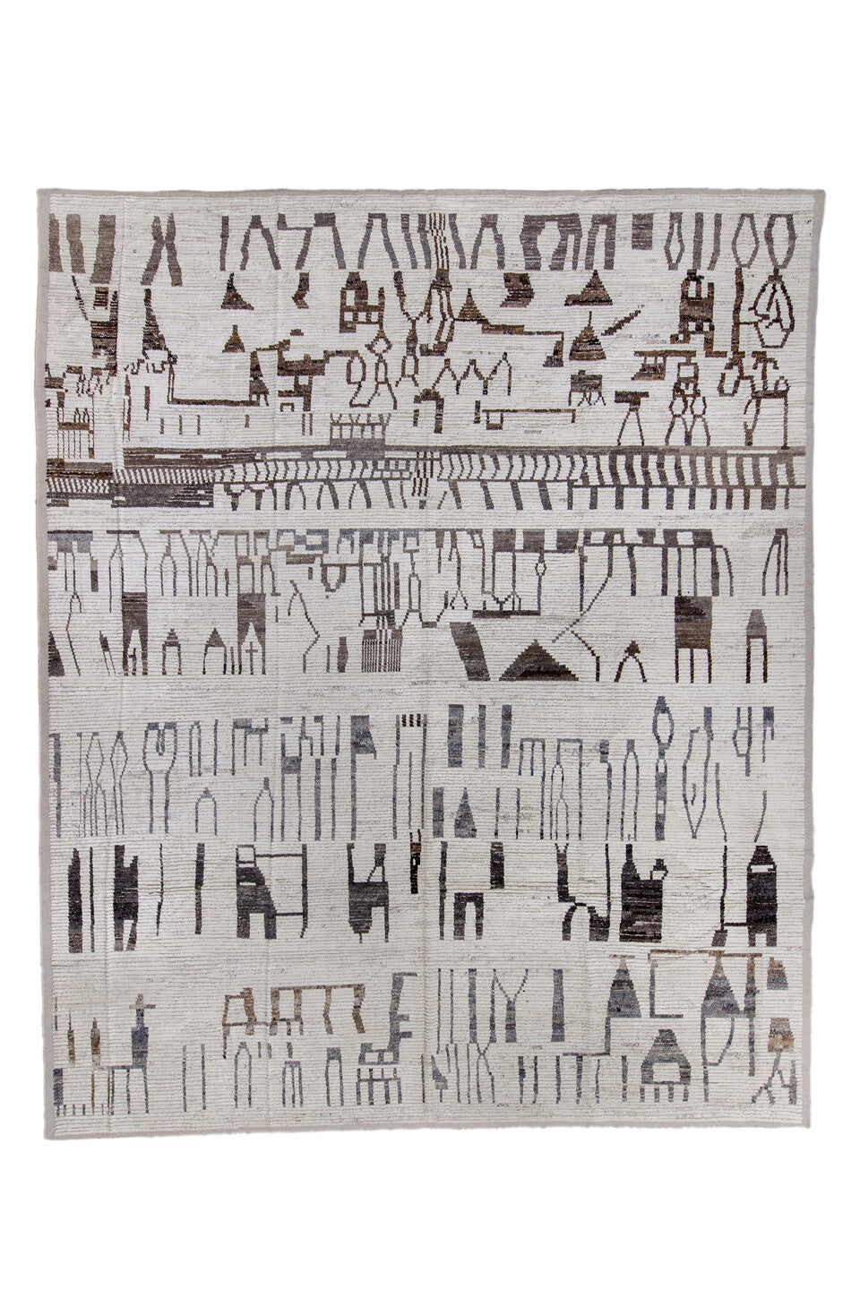 13' x 16' one-of-a-kind handmade vintage Tulu oversize rug. Color palette: brown, gray, light gray, pink, redwood