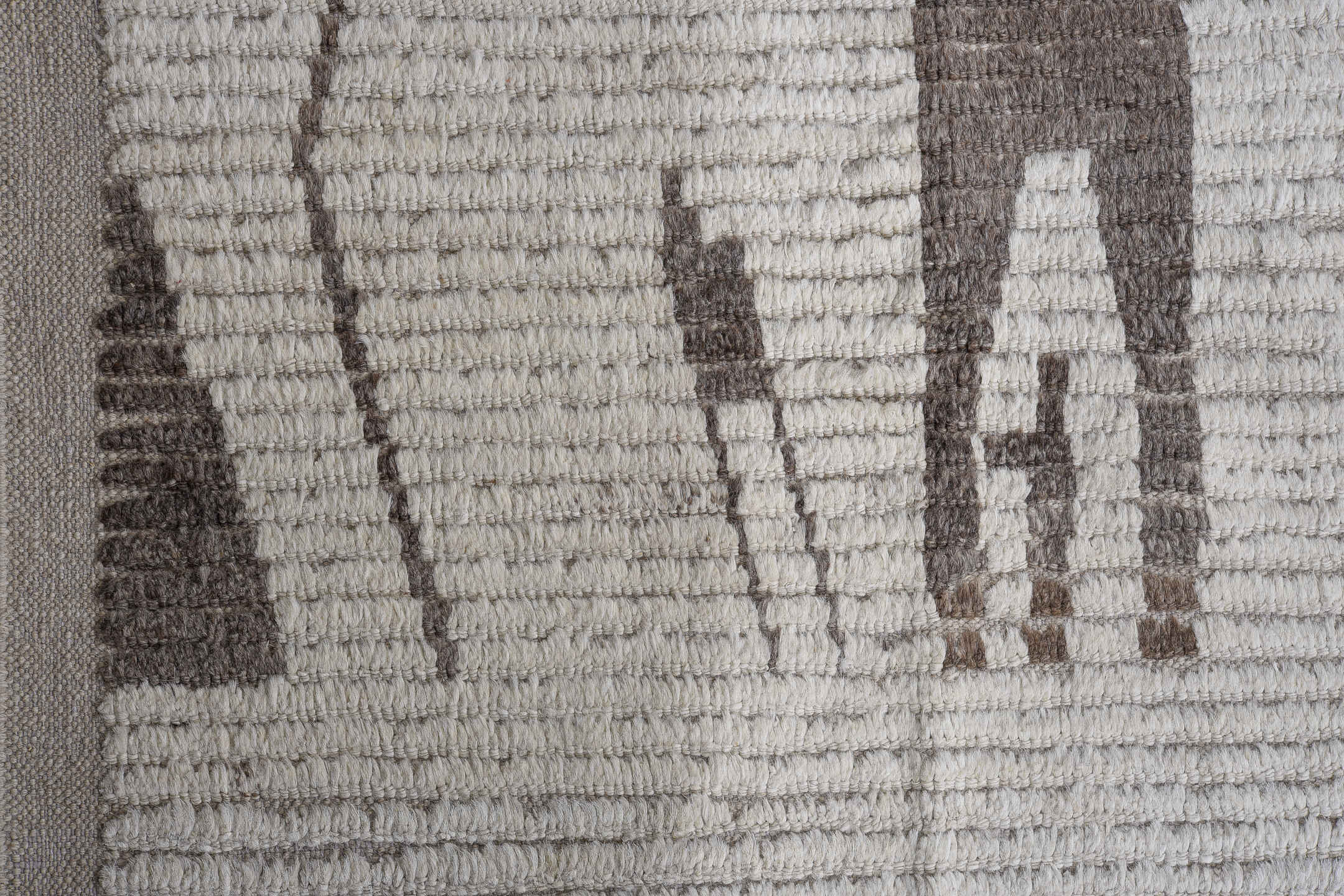 13' x 16' one-of-a-kind handmade vintage Tulu oversize rug. Color palette: ivory, charcoal, taupe, slate, gray, black, beige