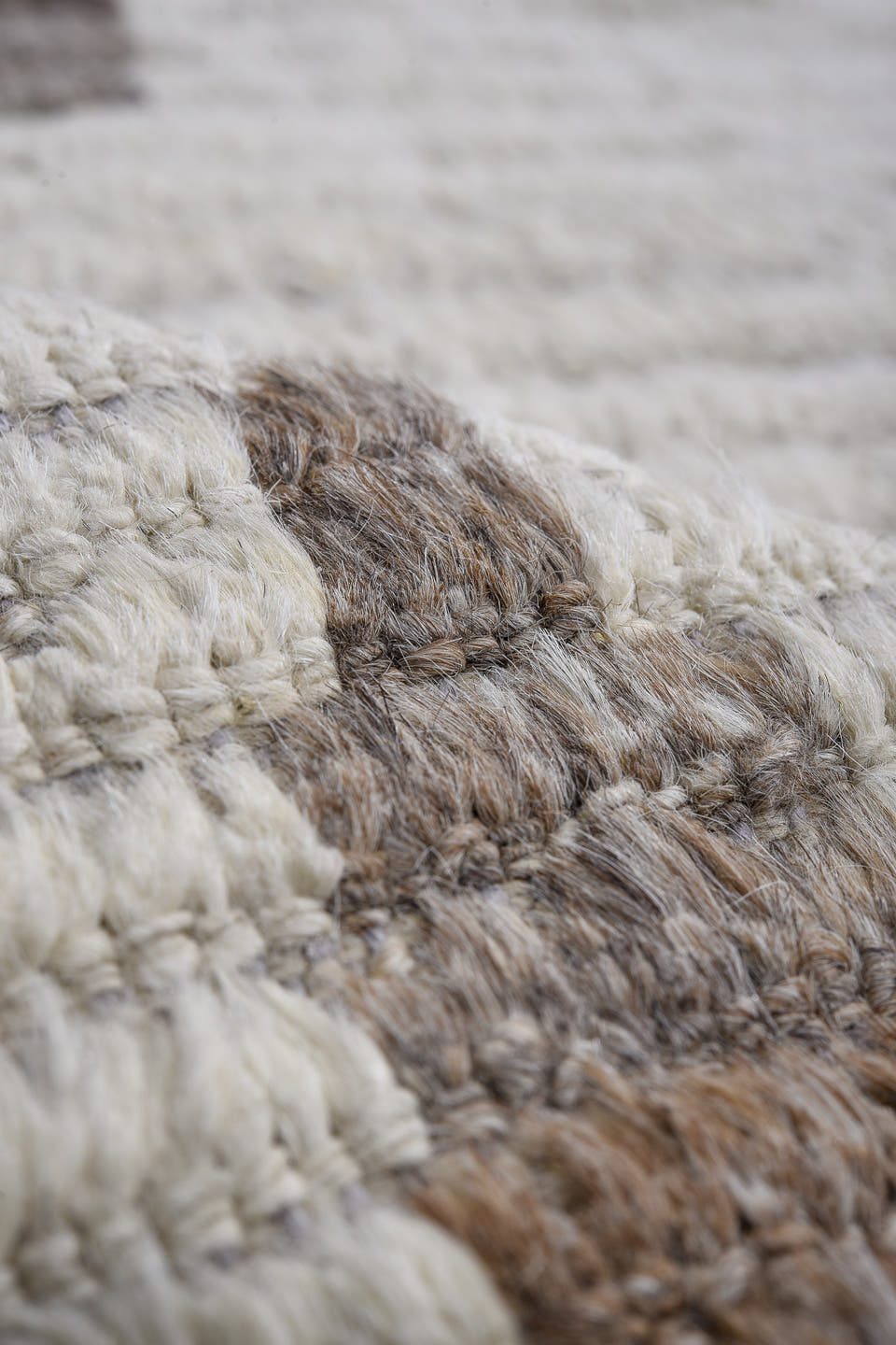 13' x 16' one-of-a-kind handmade vintage Tulu oversize rug. Color palette: ivory, charcoal, taupe, slate, gray, black, beige