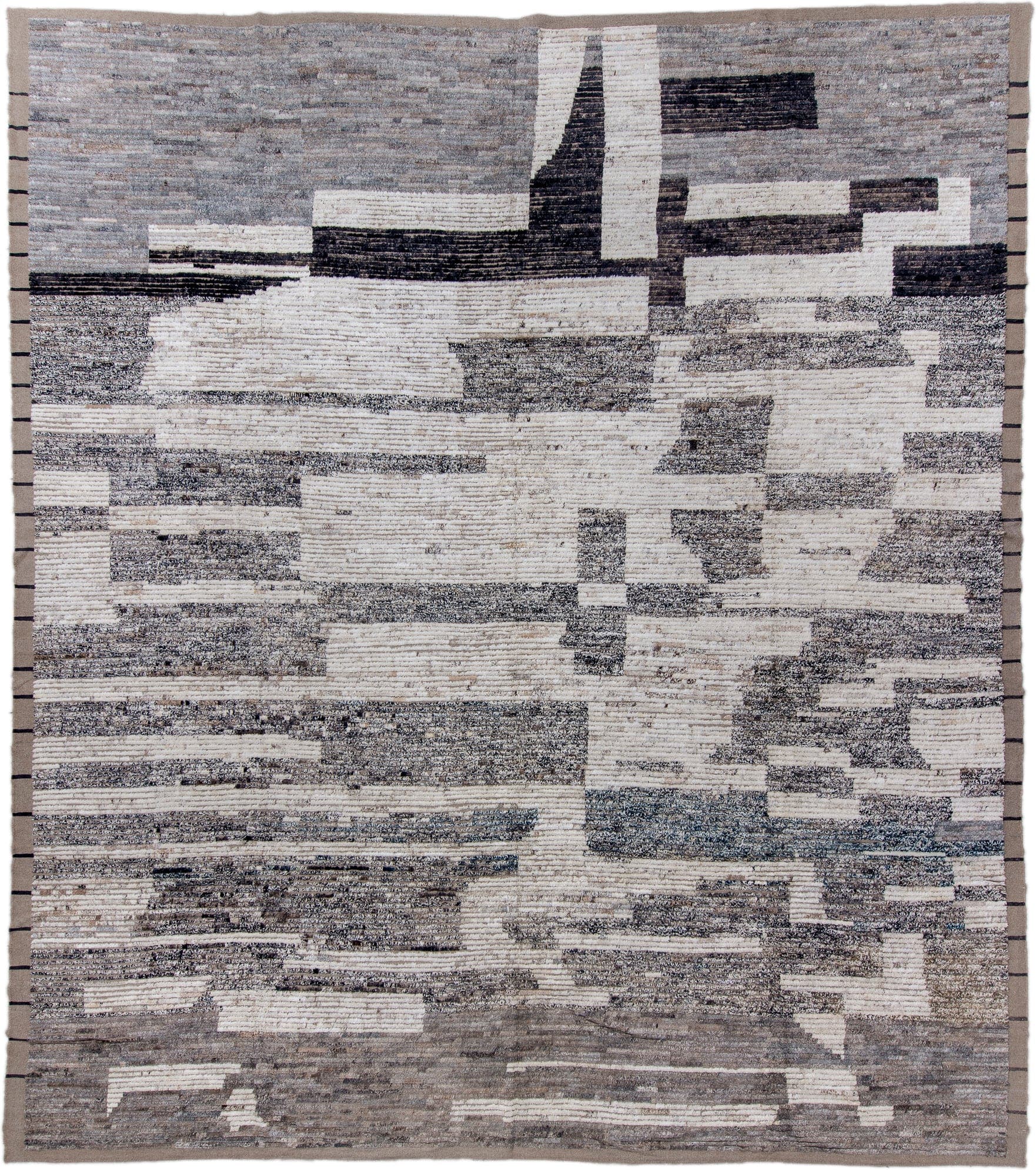 13' x 15' one-of-a-kind handmade vintage Tulu oversize rug. Color palette: ivory, gray, taupe, charcoal, cream, slate, beige