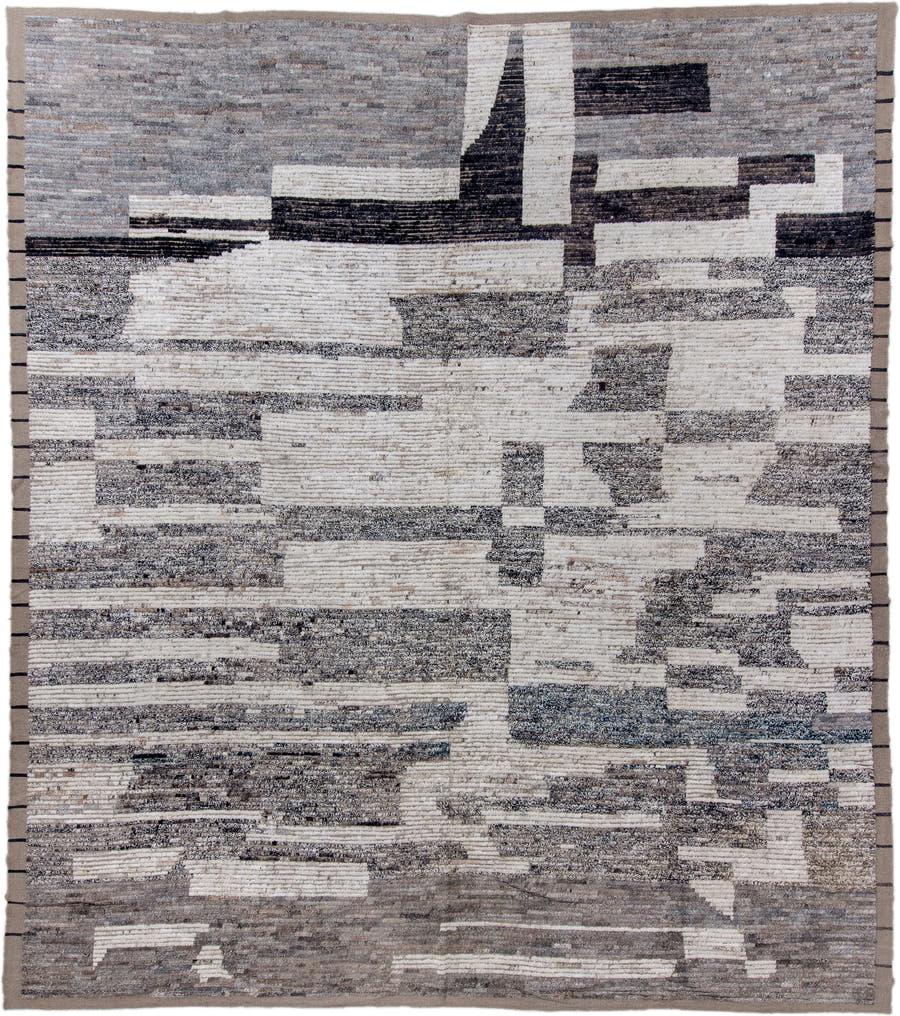 13' x 15' one-of-a-kind handmade vintage Tulu oversize rug. Color palette: ivory, gray, taupe, charcoal, cream, slate, beige