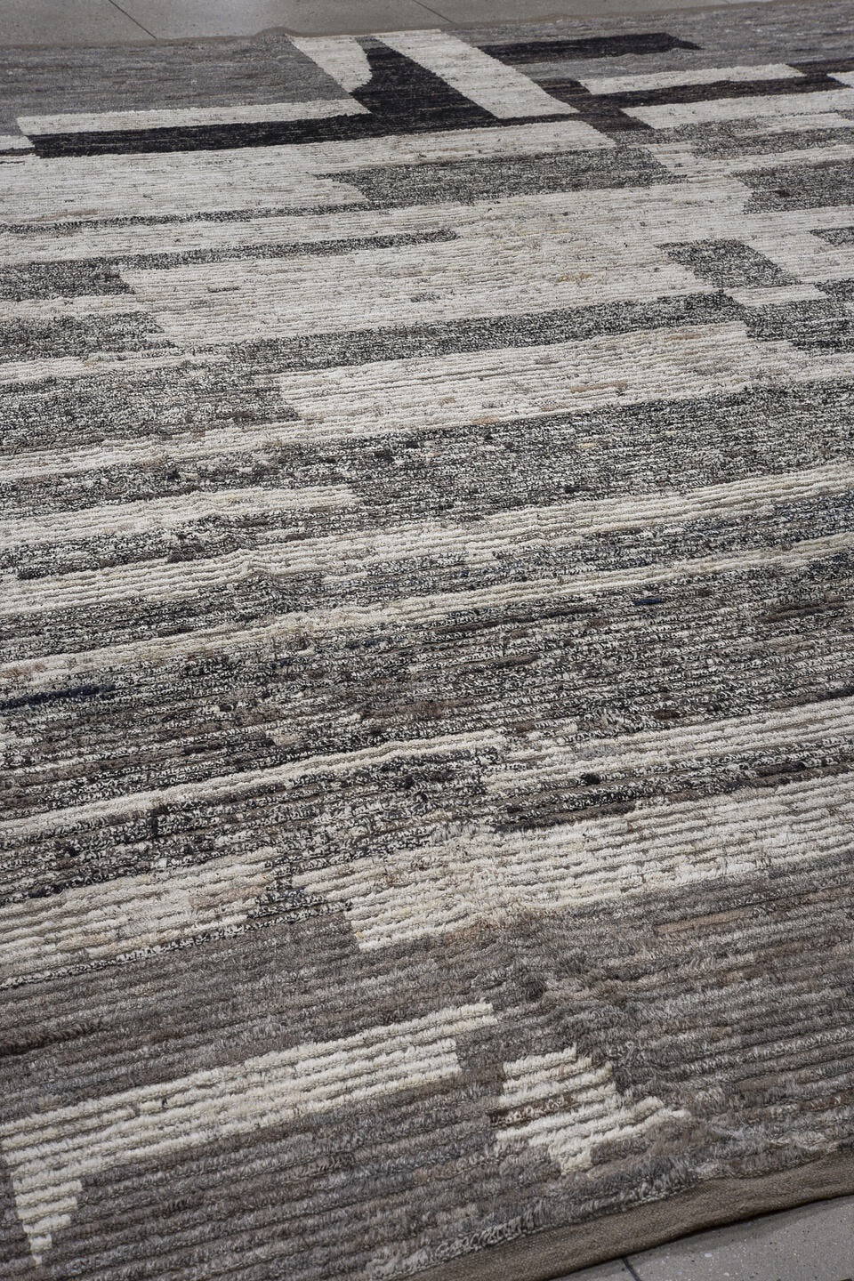 13' x 15' one-of-a-kind handmade vintage Tulu oversize rug. Color palette: ivory, gray, taupe, charcoal, cream, slate, beige