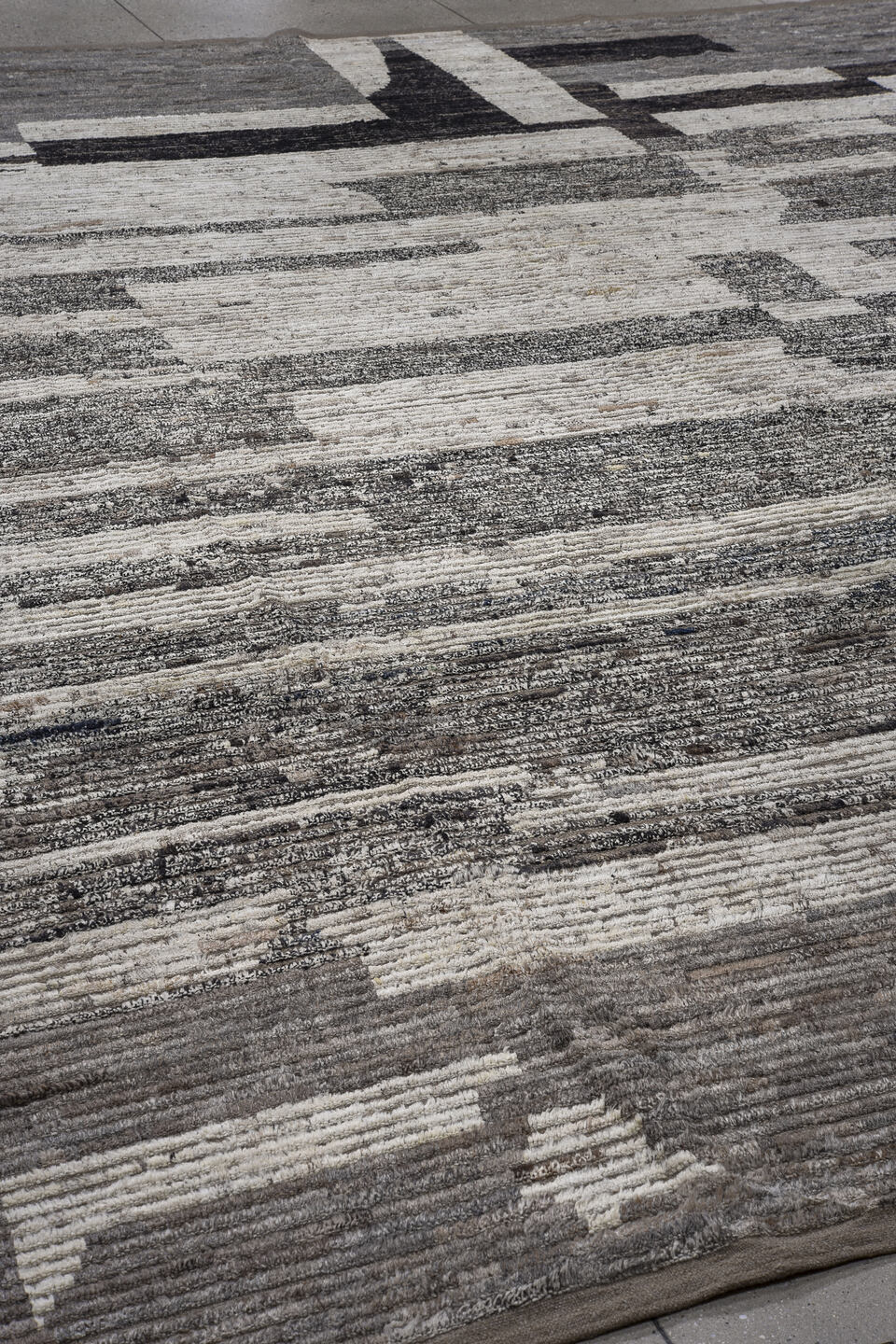 13' x 15' one-of-a-kind handmade vintage Tulu oversize rug. Color palette: ivory, gray, taupe, charcoal, cream, slate, beige