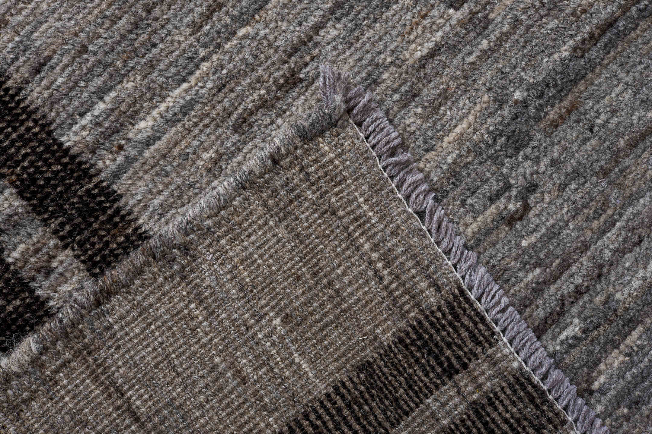 12' x 14' one-of-a-kind handmade vintage Tulu oversize rug. Color palette: gray, charcoal, black, ivory