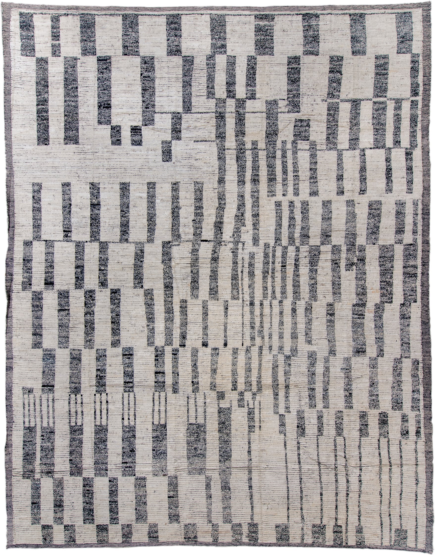 13' x 17' one-of-a-kind handmade vintage Tulu oversize rug. Color palette: ivory, charcoal, gray, black