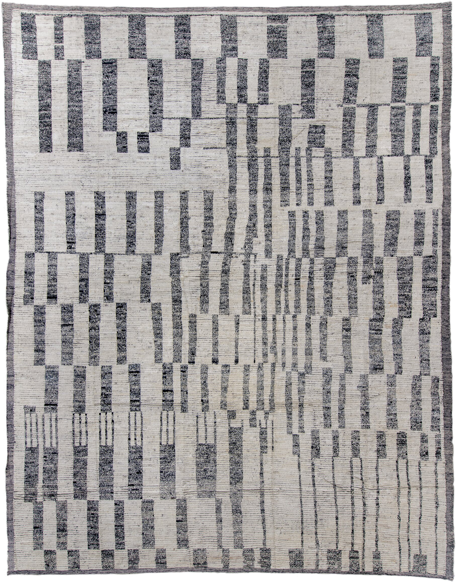 13' x 17' one-of-a-kind handmade vintage Tulu oversize rug. Color palette: ivory, charcoal, gray, black