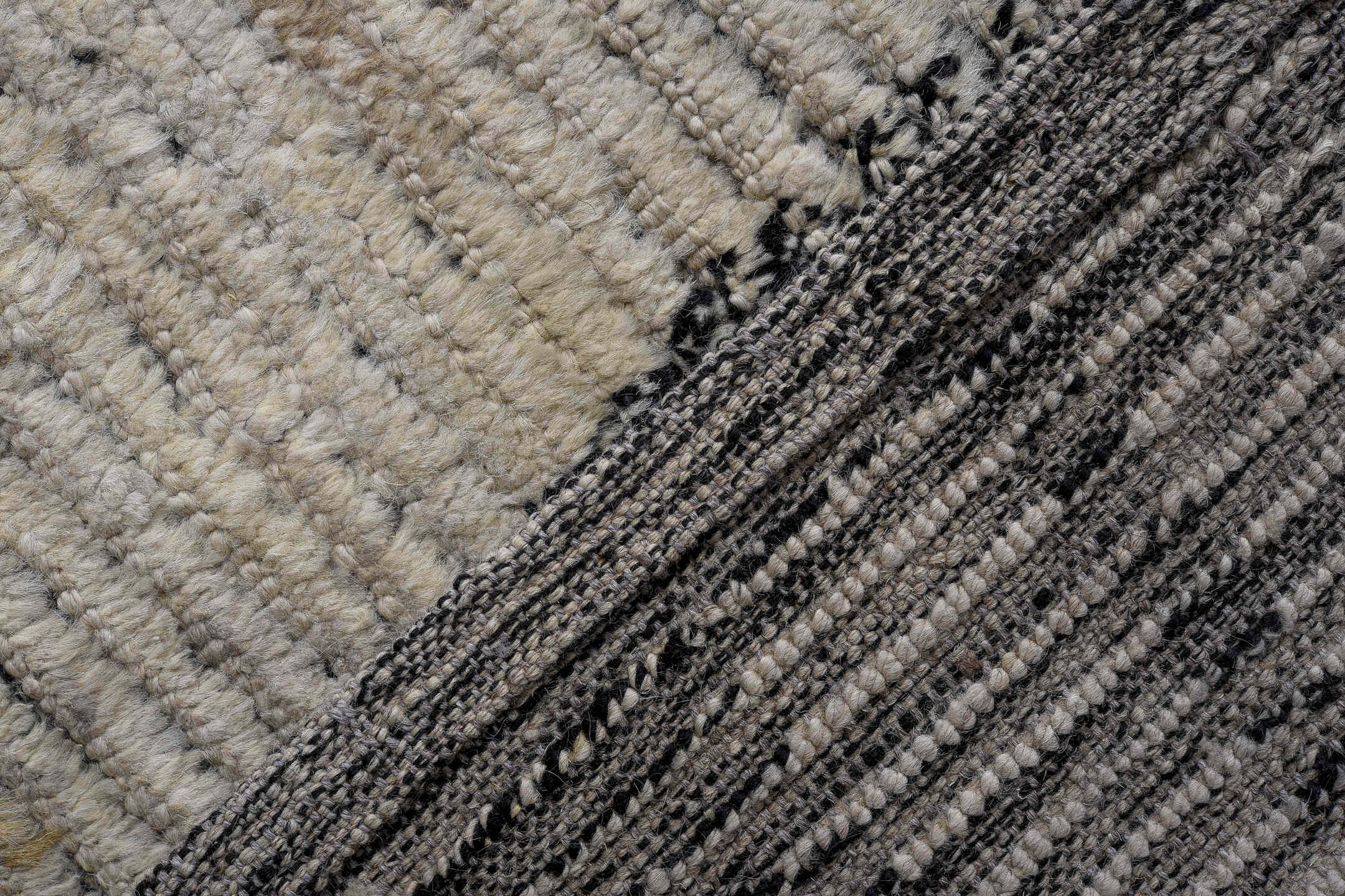 13' x 17' one-of-a-kind handmade vintage Tulu oversize rug. Color palette: ivory, charcoal, gray, black