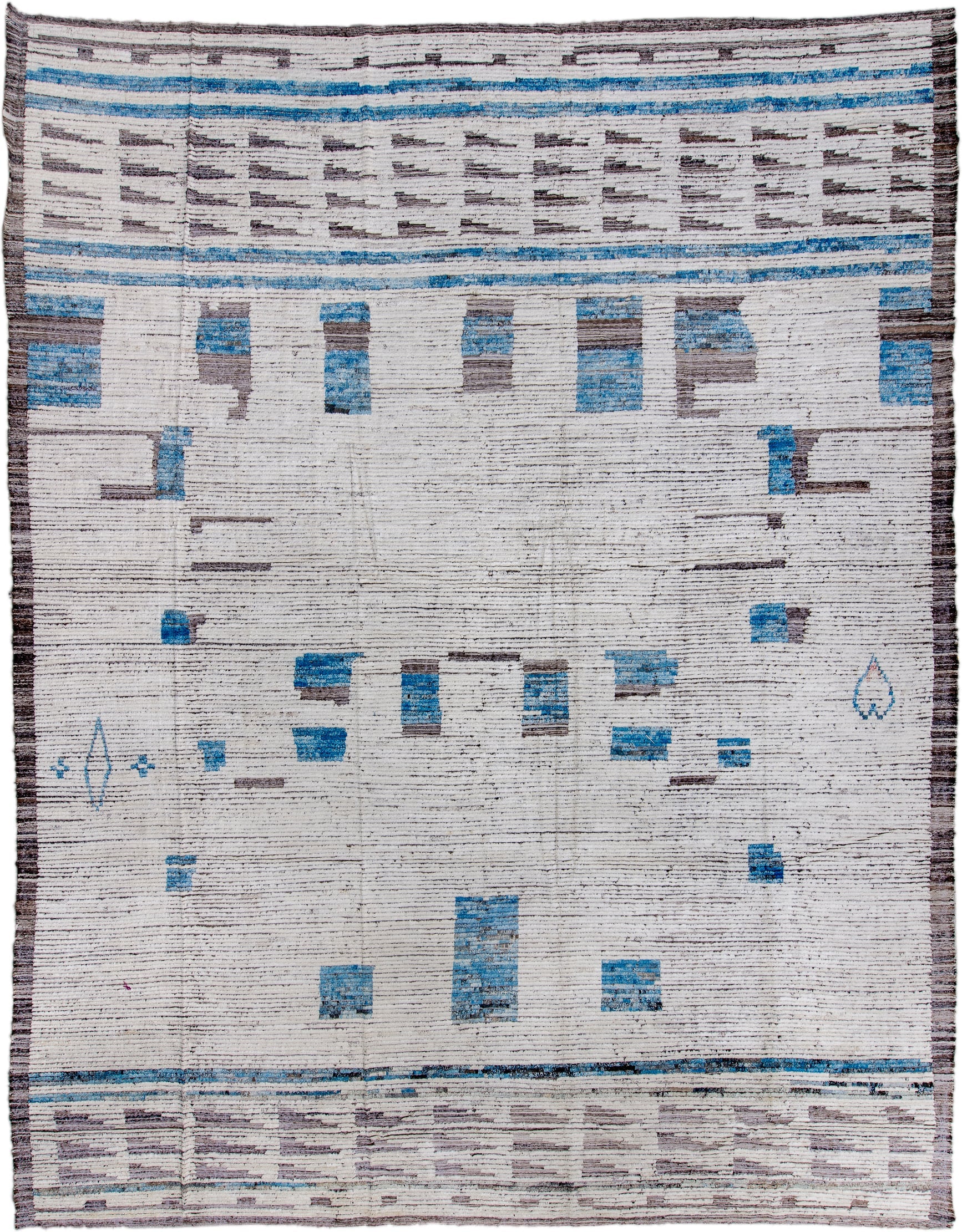13' x 17' one-of-a-kind handmade vintage Tulu oversize rug. Color palette: ivory, charcoal, sky_blue, slate, taupe, gray