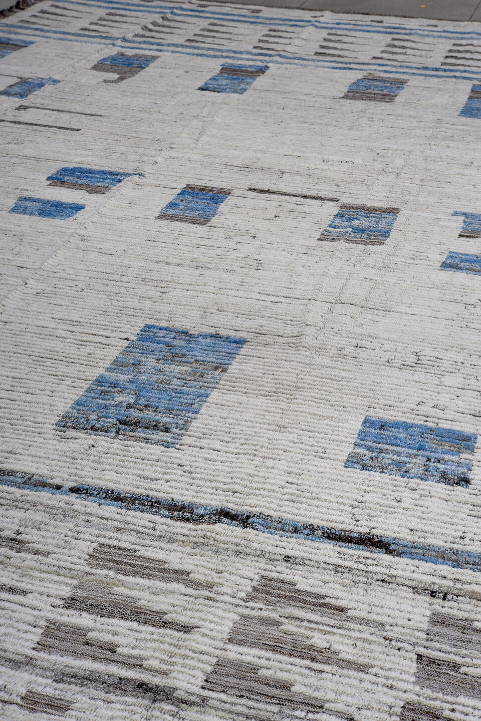 13' x 17' one-of-a-kind handmade vintage Tulu oversize rug. Color palette: ivory, charcoal, sky_blue, slate, taupe, gray
