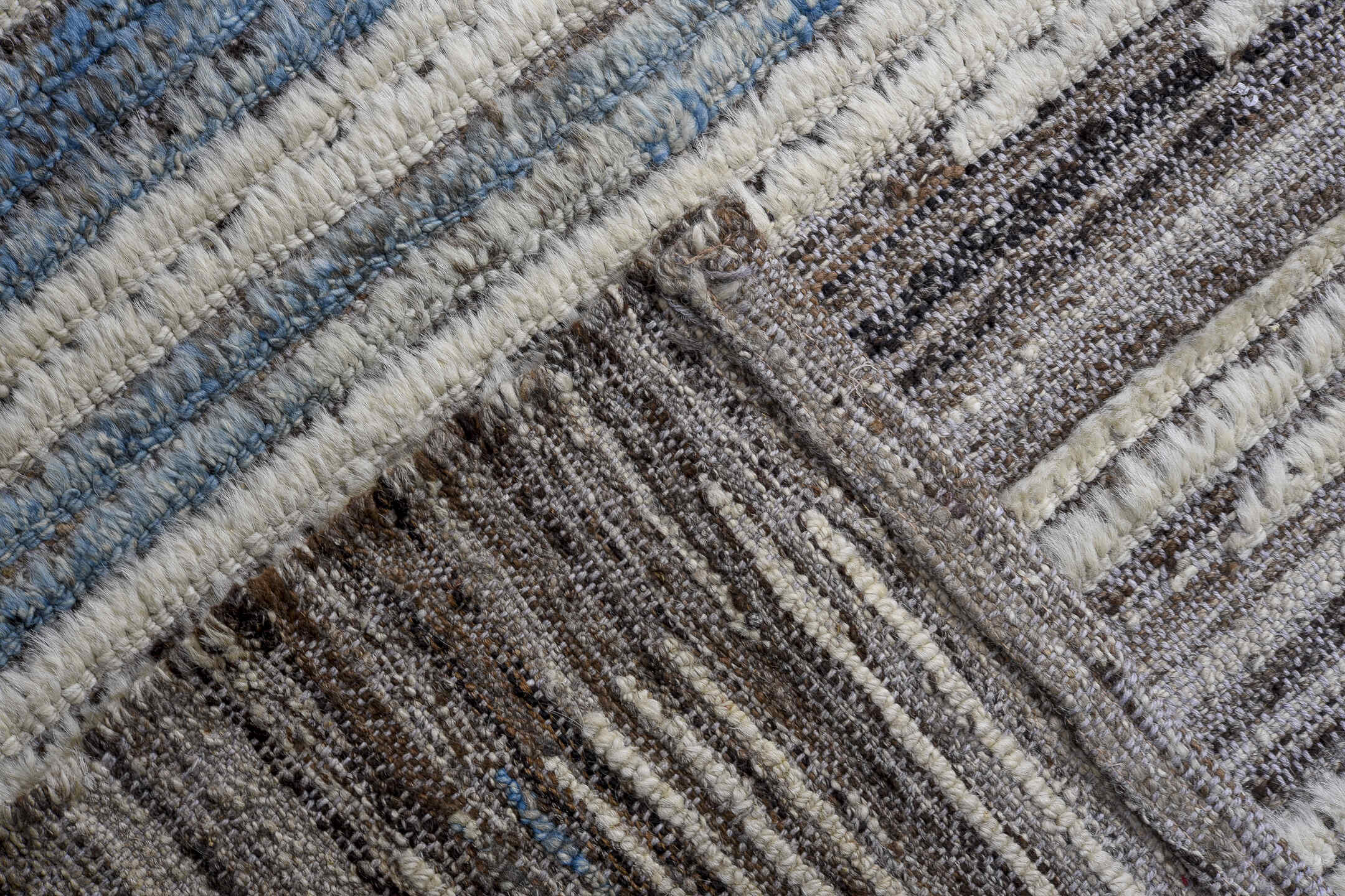 13' x 17' one-of-a-kind handmade vintage Tulu oversize rug. Color palette: ivory, charcoal, sky_blue, slate, taupe, gray
