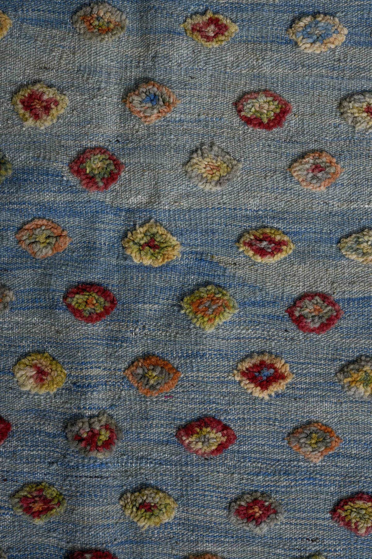 3' x 4' one-of-a-kind handmade vintage Kilim small size rug. Color palette: sky blue, ivory, crimson, rose, gold, sage