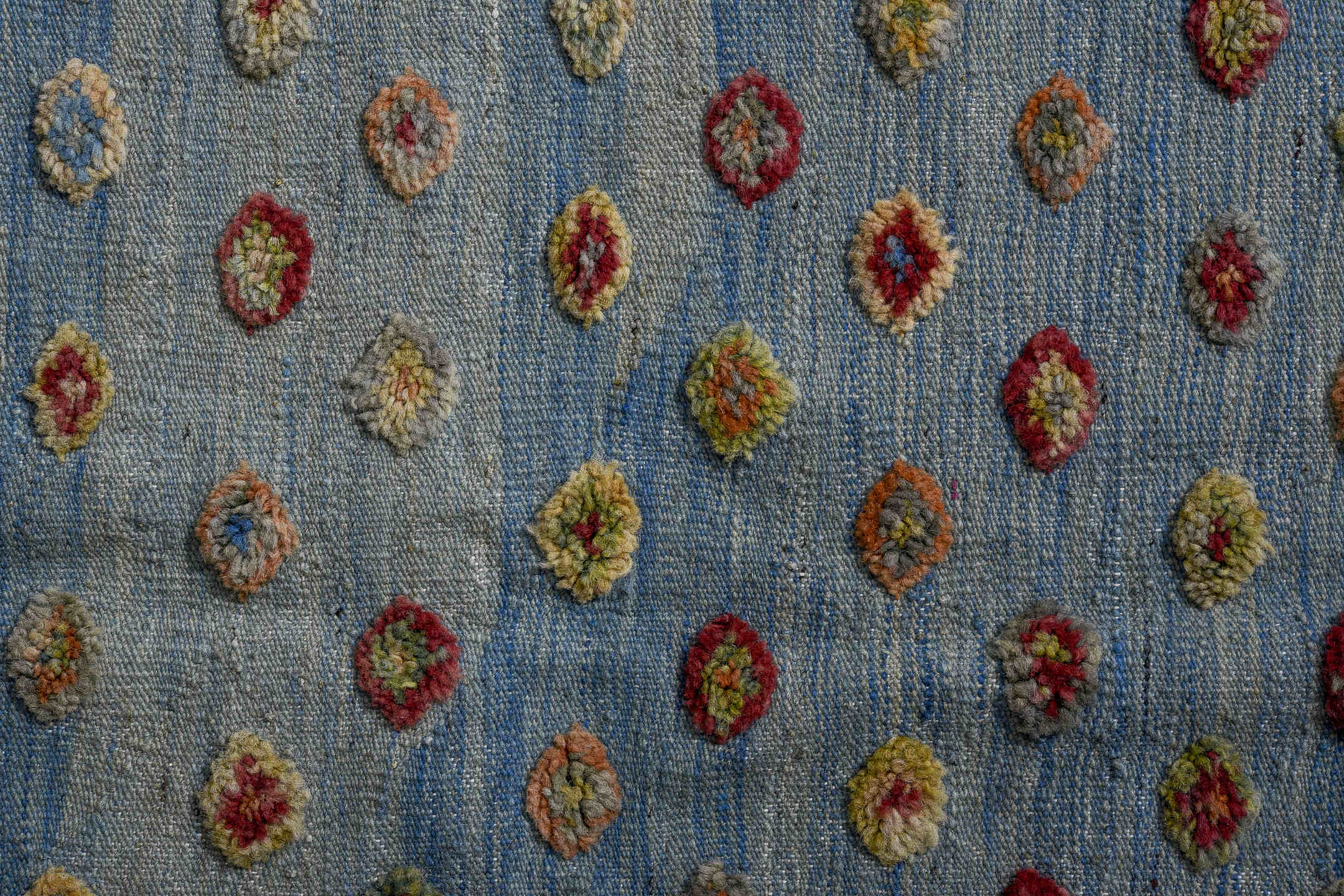 3' x 4' one-of-a-kind handmade vintage Kilim small size rug. Color palette: blue, brown, dim gray, fiord, gray, light blue