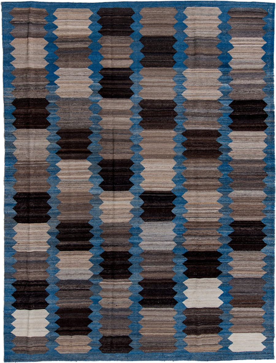 9' x 12' one-of-a-kind handmade vintage Kilim large size rug. Color palette: blue, taupe, charcoal, ivory, brown, slate