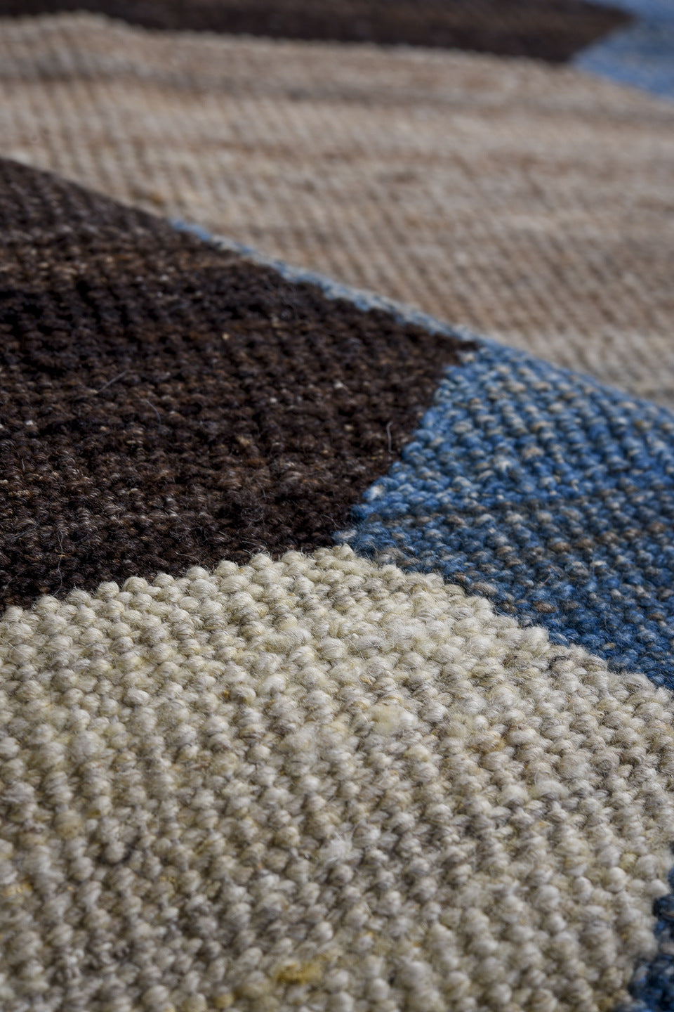 9' x 12' one-of-a-kind handmade vintage Kilim large size rug. Color palette: blue, taupe, charcoal, ivory, brown, slate