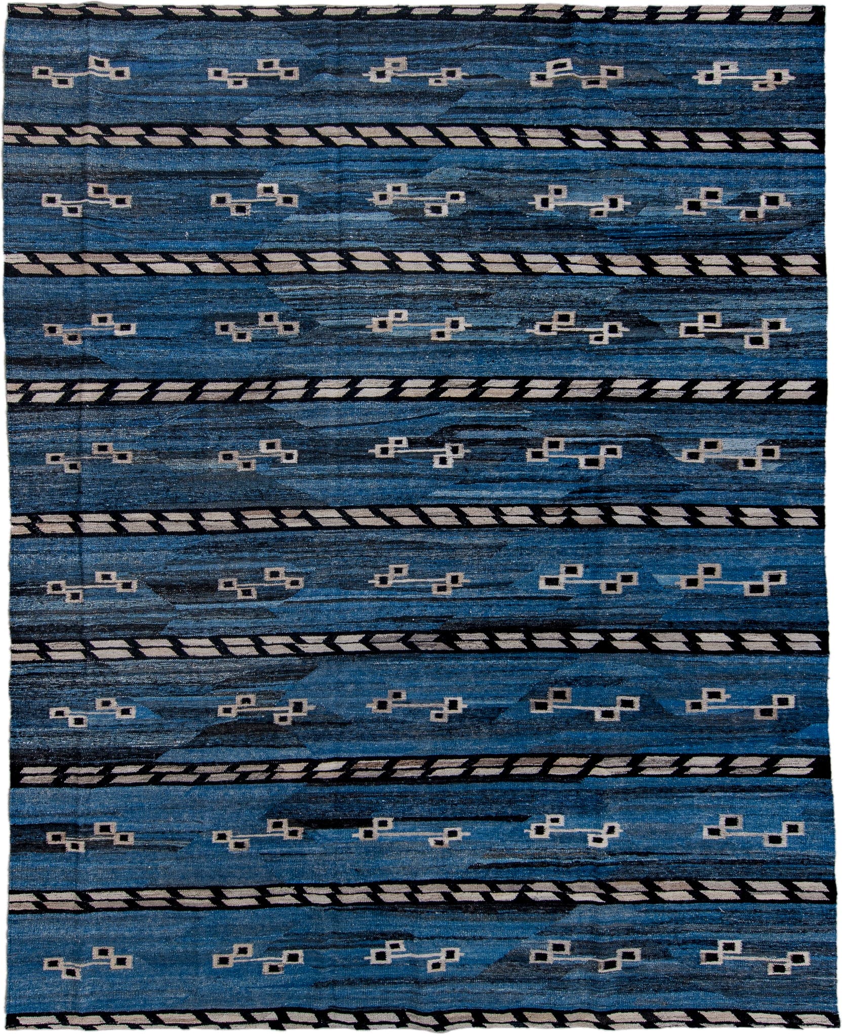 9' x 11' one-of-a-kind handmade vintage Kilim large size rug. Color palette: blue, indigo, ivory, charcoal, slate, purple