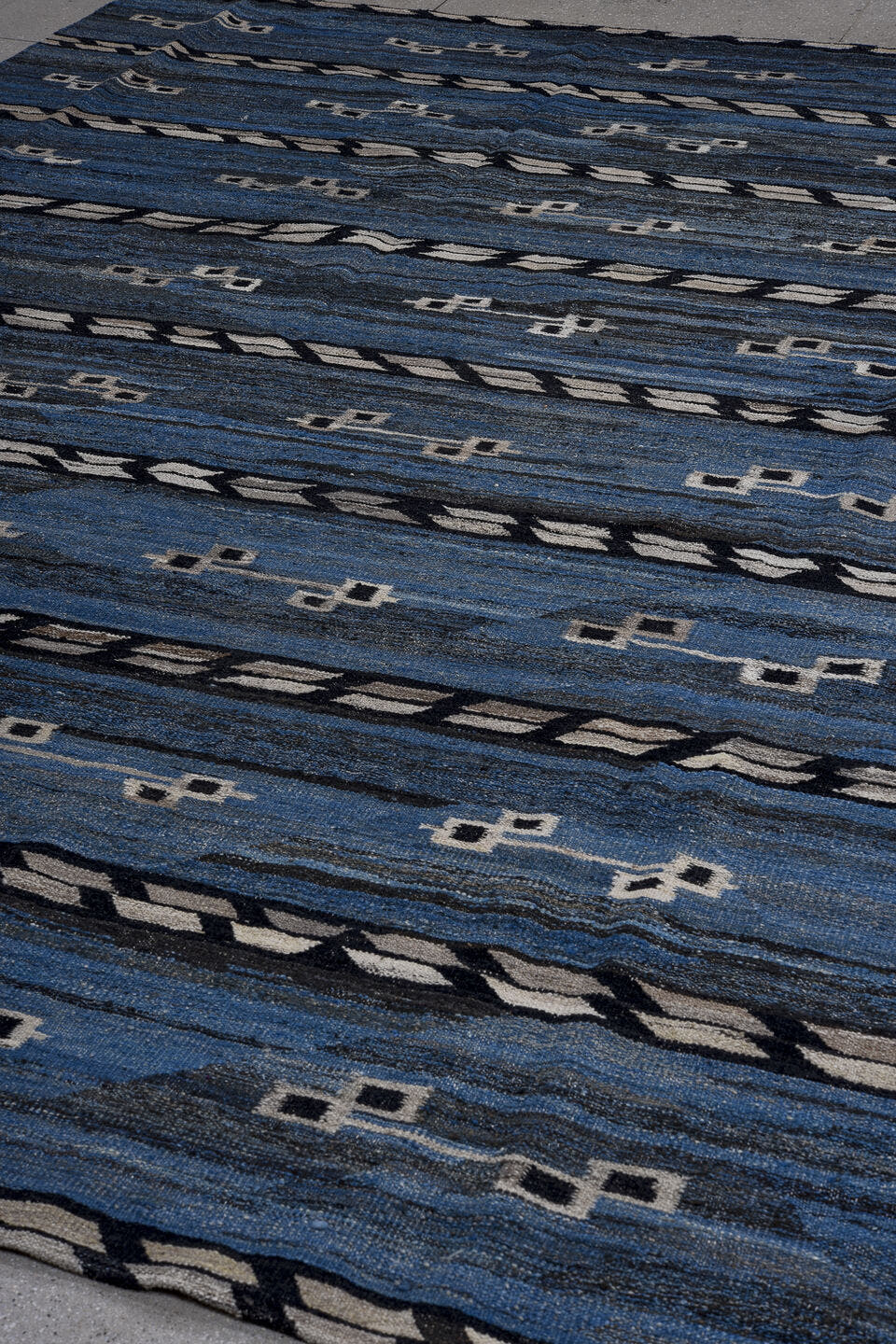 9' x 11' one-of-a-kind handmade vintage Kilim large size rug. Color palette: blue, indigo, ivory, charcoal, slate, purple