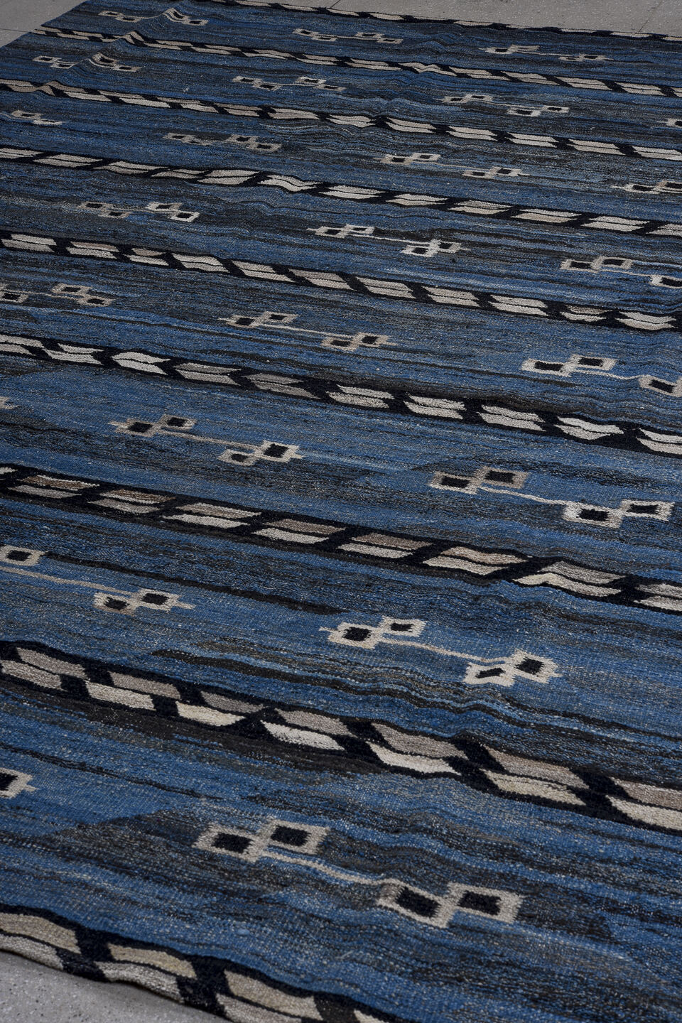 9' x 11' one-of-a-kind handmade vintage Kilim large size rug. Color palette: blue, indigo, ivory, charcoal, slate, purple