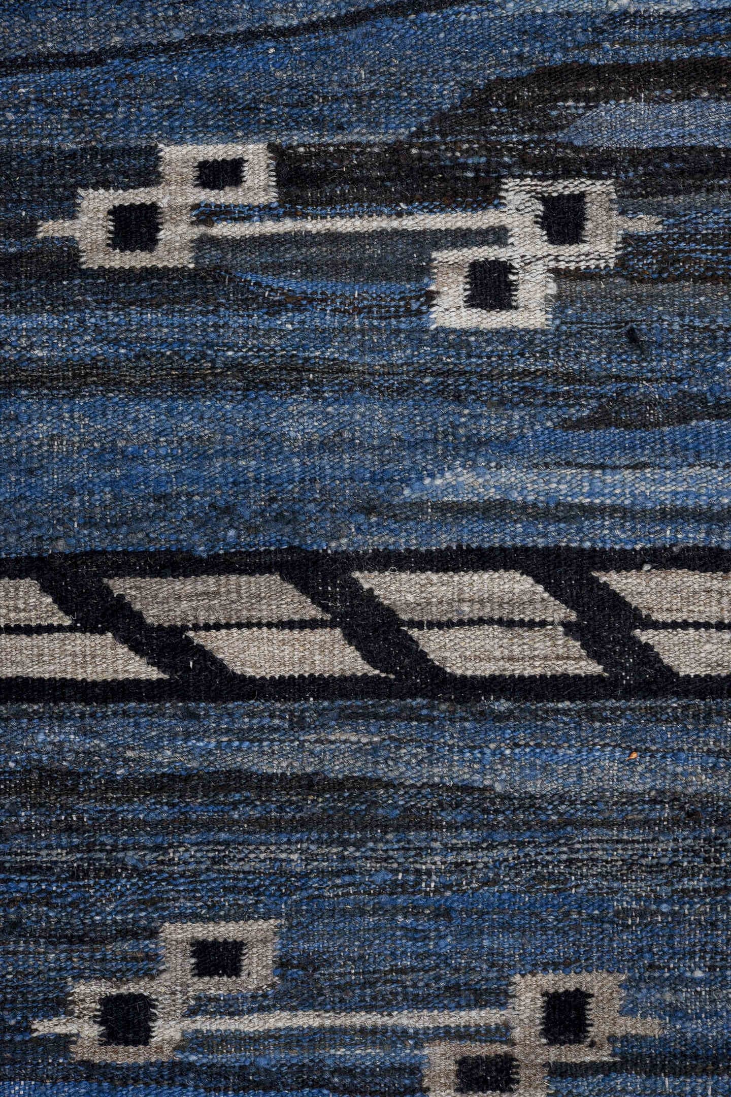 9' x 11' one-of-a-kind handmade vintage Kilim large size rug. Color palette: blue, indigo, ivory, charcoal, slate, purple
