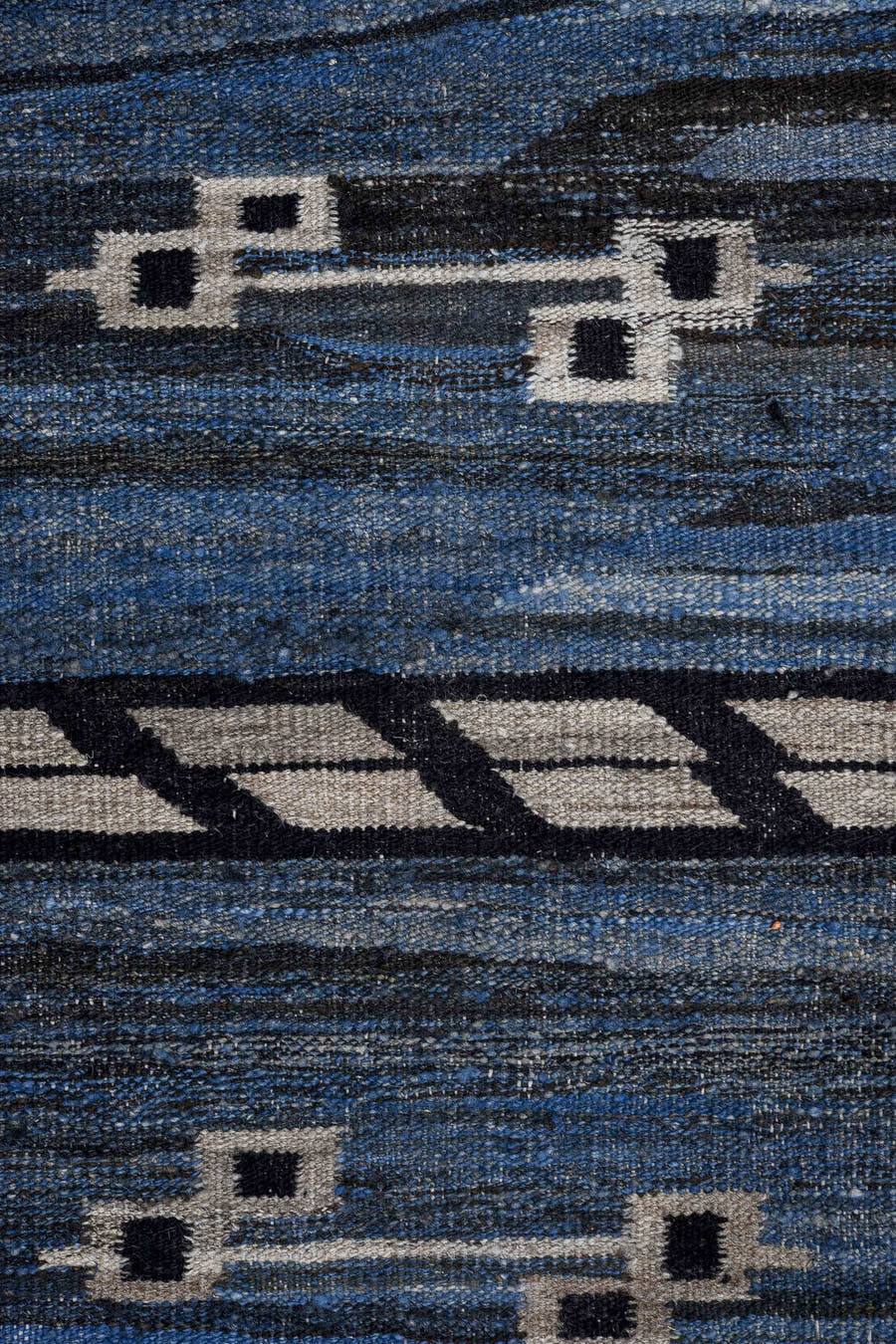 9' x 11' one-of-a-kind handmade vintage Kilim large size rug. Color palette: blue, indigo, ivory, charcoal, slate, purple