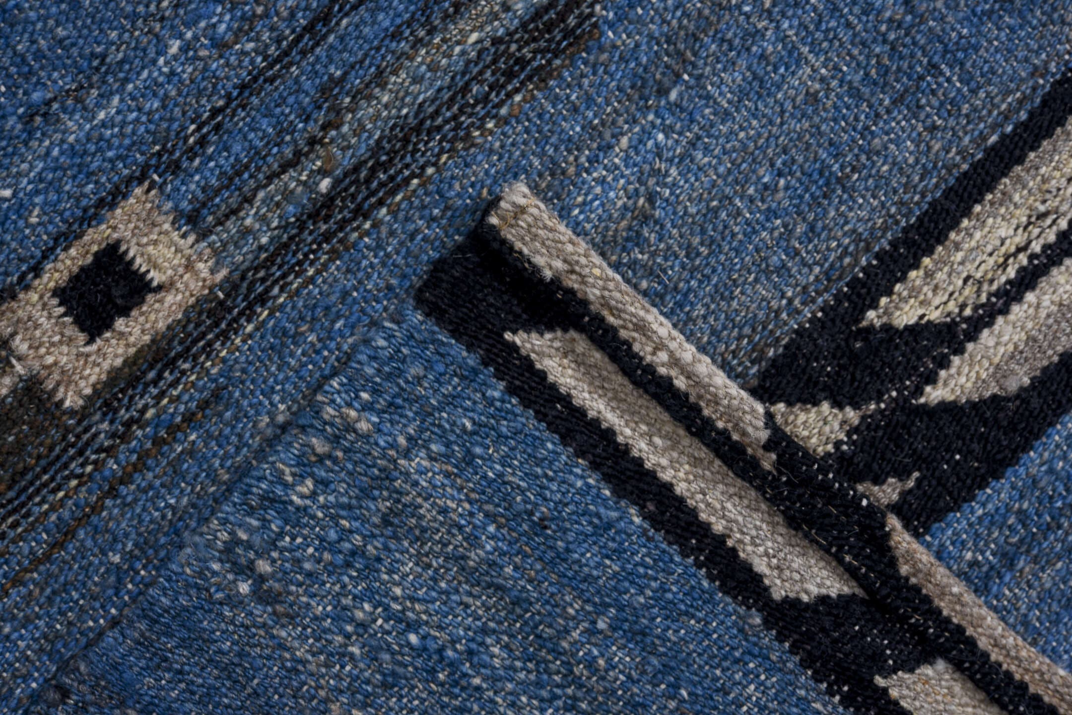 9' x 11' one-of-a-kind handmade vintage Kilim large size rug. Color palette: blue, indigo, ivory, charcoal, slate, purple