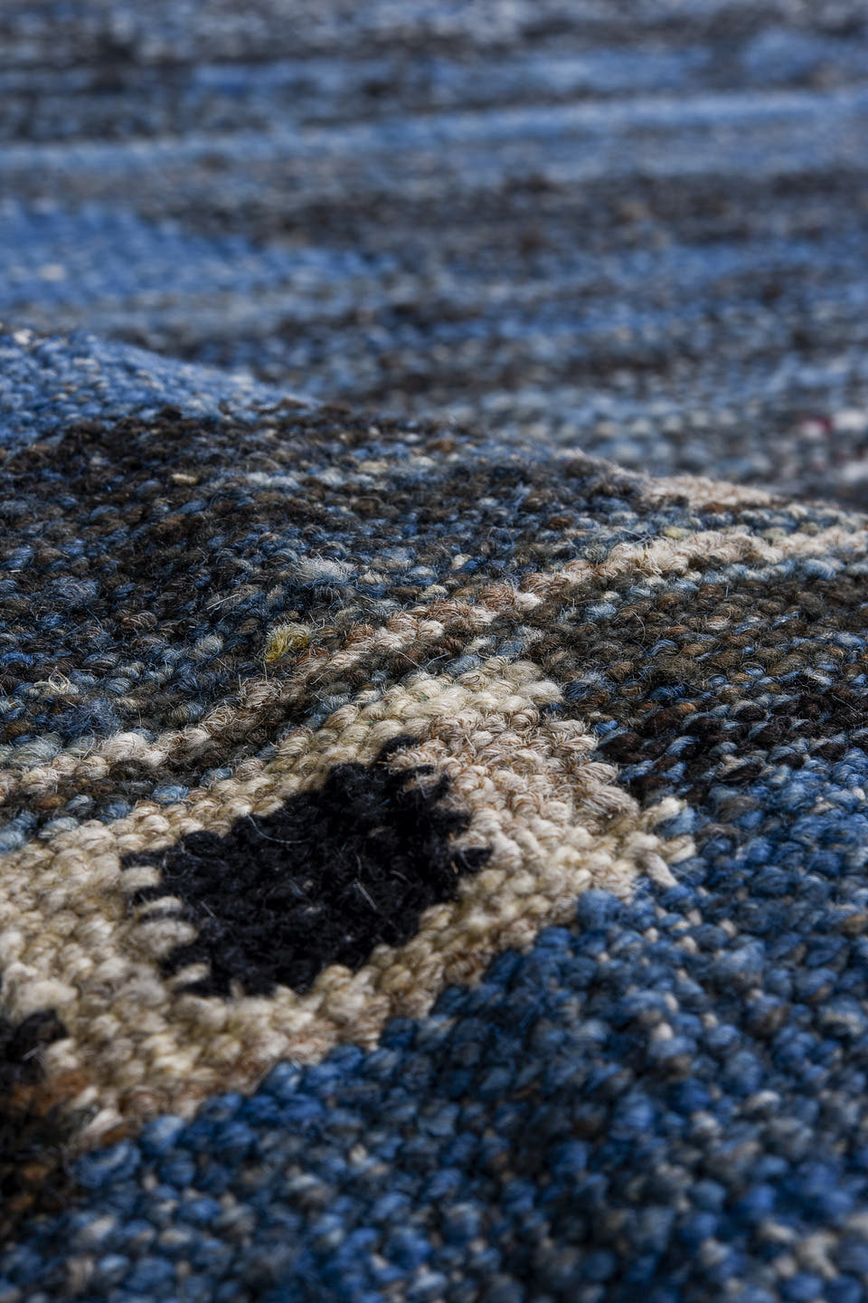 9' x 11' one-of-a-kind handmade vintage Kilim large size rug. Color palette: blue, indigo, ivory, charcoal, slate, purple