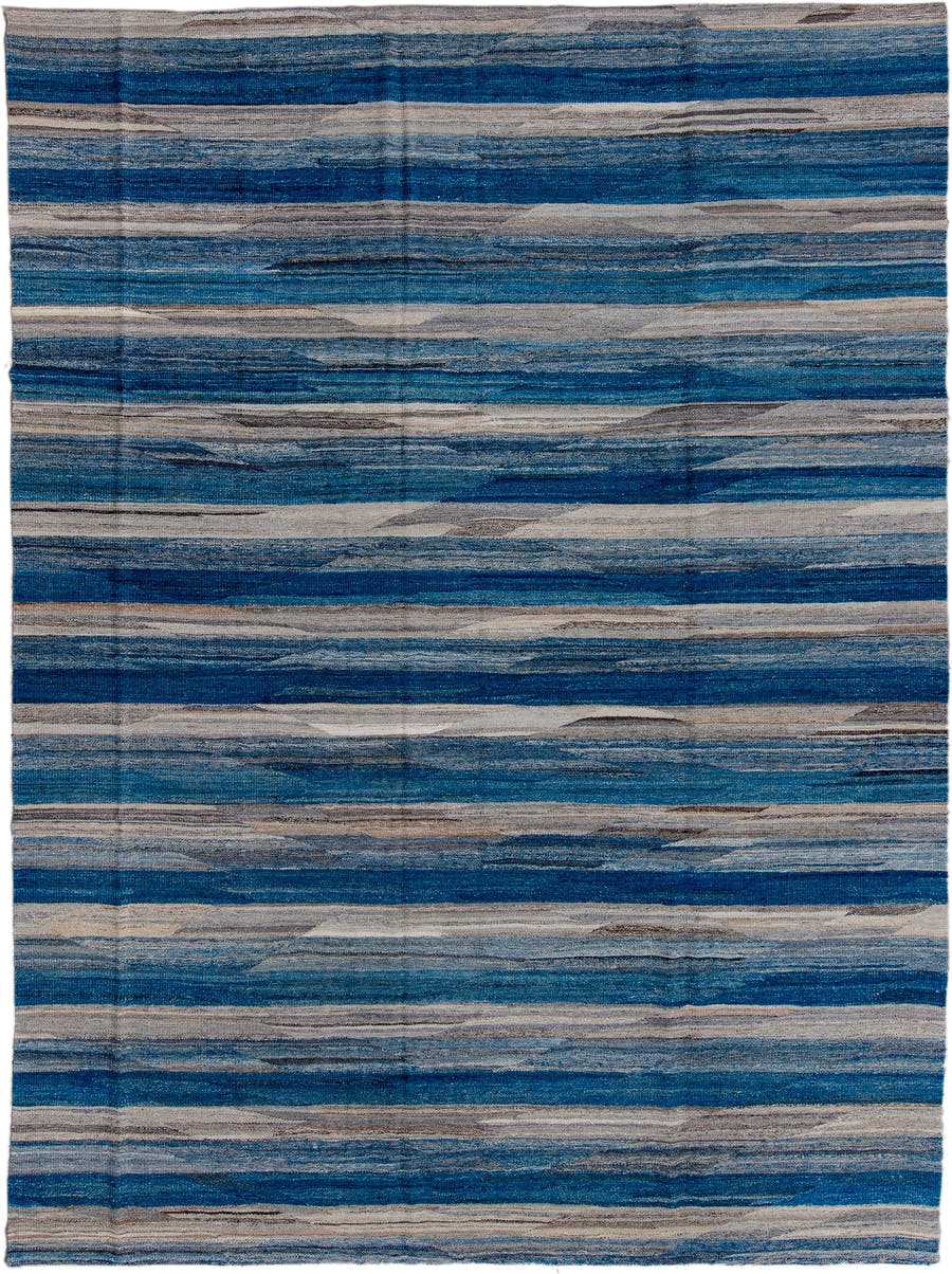 8' x 12' one-of-a-kind handmade vintage Kilim large size rug. Color palette: blue, indigo, slate, ivory, taupe, charcoal
