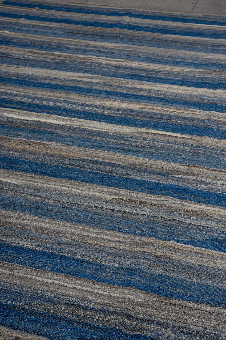 8' x 12' one-of-a-kind handmade vintage Kilim large size rug. Color palette: blue, indigo, slate, ivory, taupe, charcoal