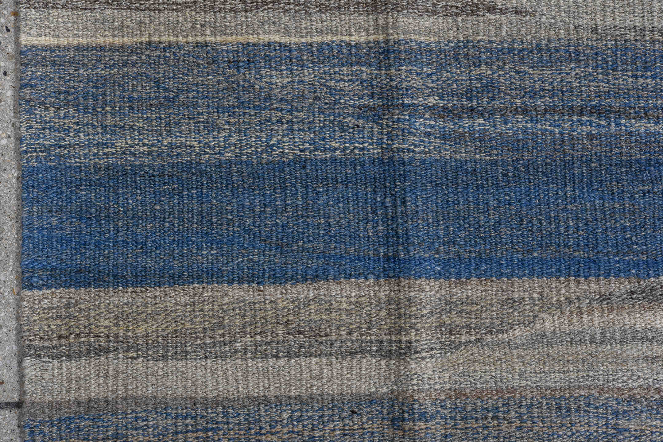 8' x 12' one-of-a-kind handmade vintage Kilim large size rug. Color palette: blue, indigo, slate, ivory, taupe, charcoal