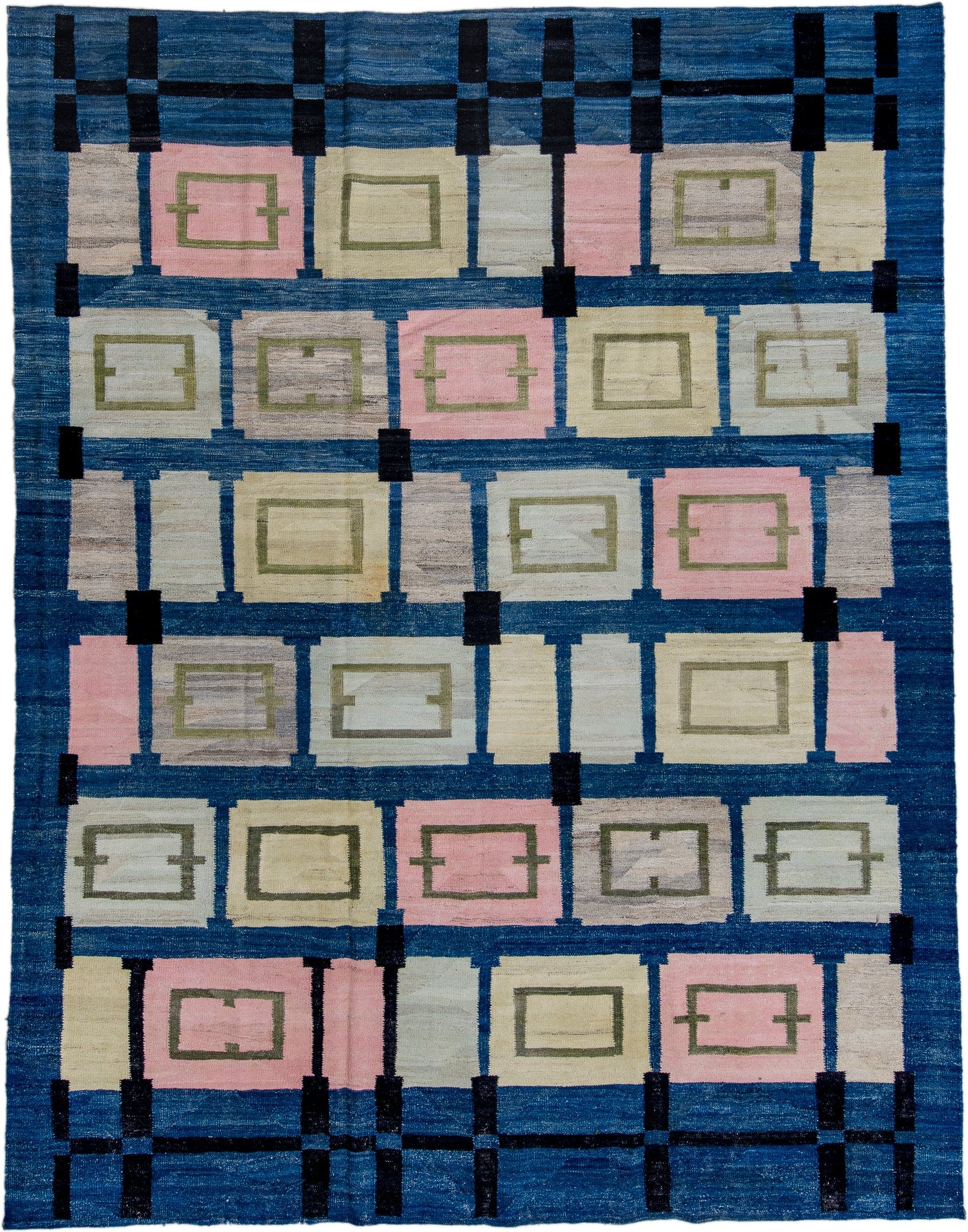 9' x 11' one-of-a-kind handmade vintage Kilim large size rug. Color palette: blue, ivory, black, blush, olive, cream, slate