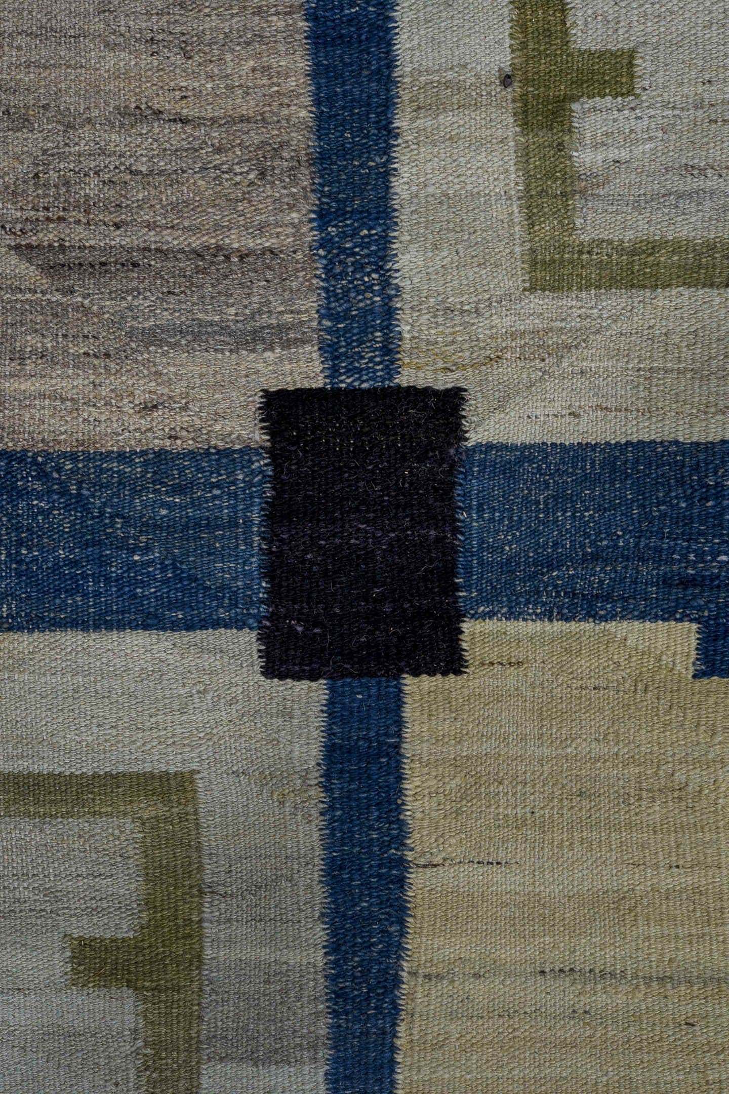 9' x 11' one-of-a-kind handmade vintage Kilim large size rug. Color palette: blue, ivory, black, blush, olive, cream, slate
