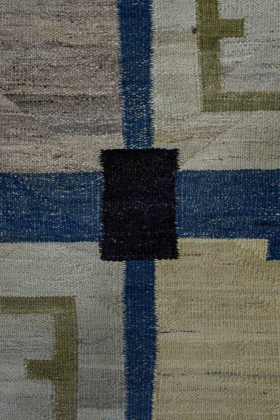 9' x 11' one-of-a-kind handmade vintage Kilim large size rug. Color palette: blue, ivory, black, blush, olive, cream, slate