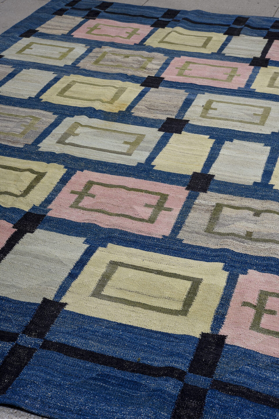 9' x 11' one-of-a-kind handmade vintage Kilim large size rug. Color palette: blue, ivory, black, blush, olive, cream, slate