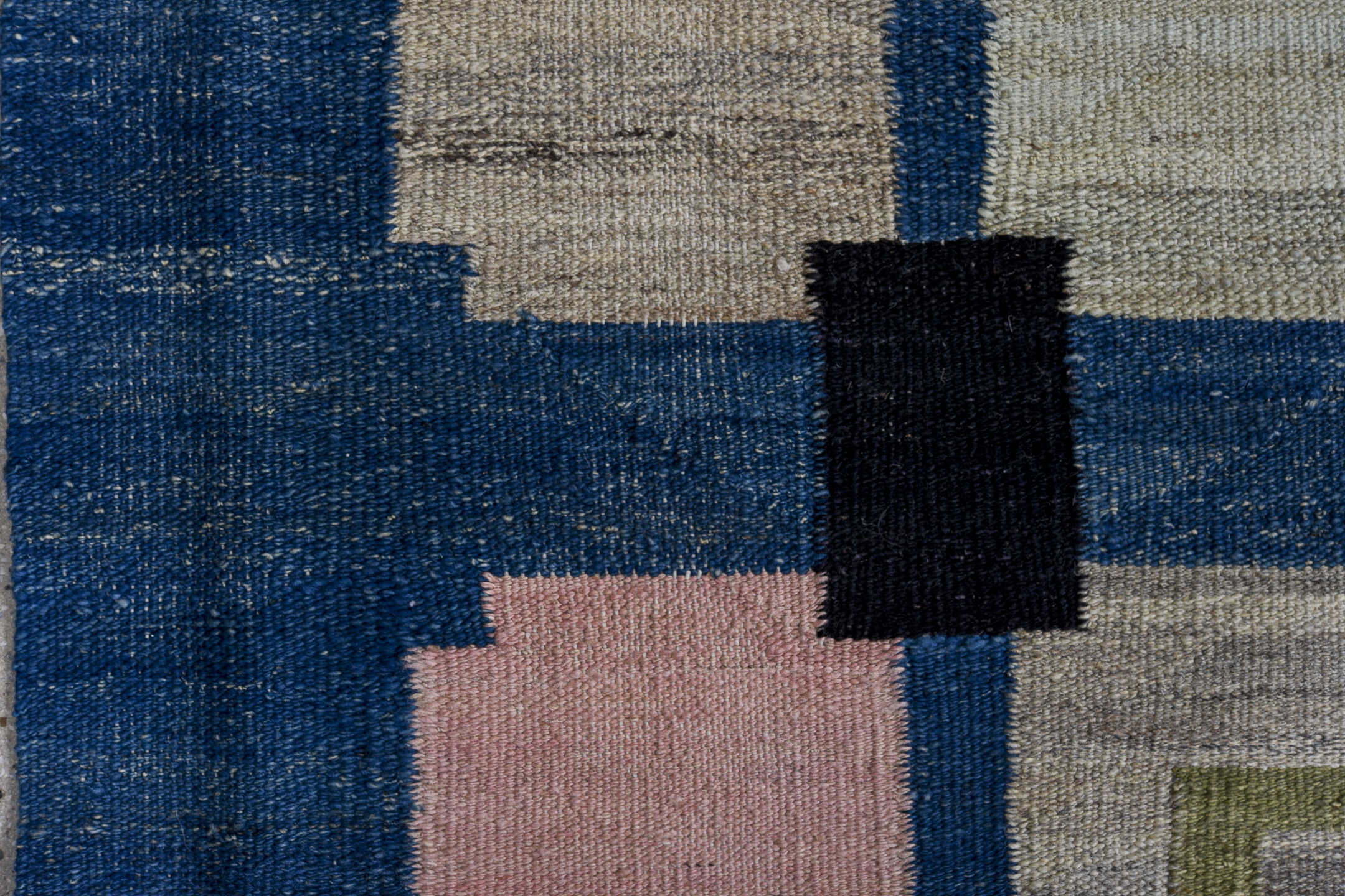 9' x 11' one-of-a-kind handmade vintage Kilim large size rug. Color palette: blue, ivory, black, blush, olive, cream, slate