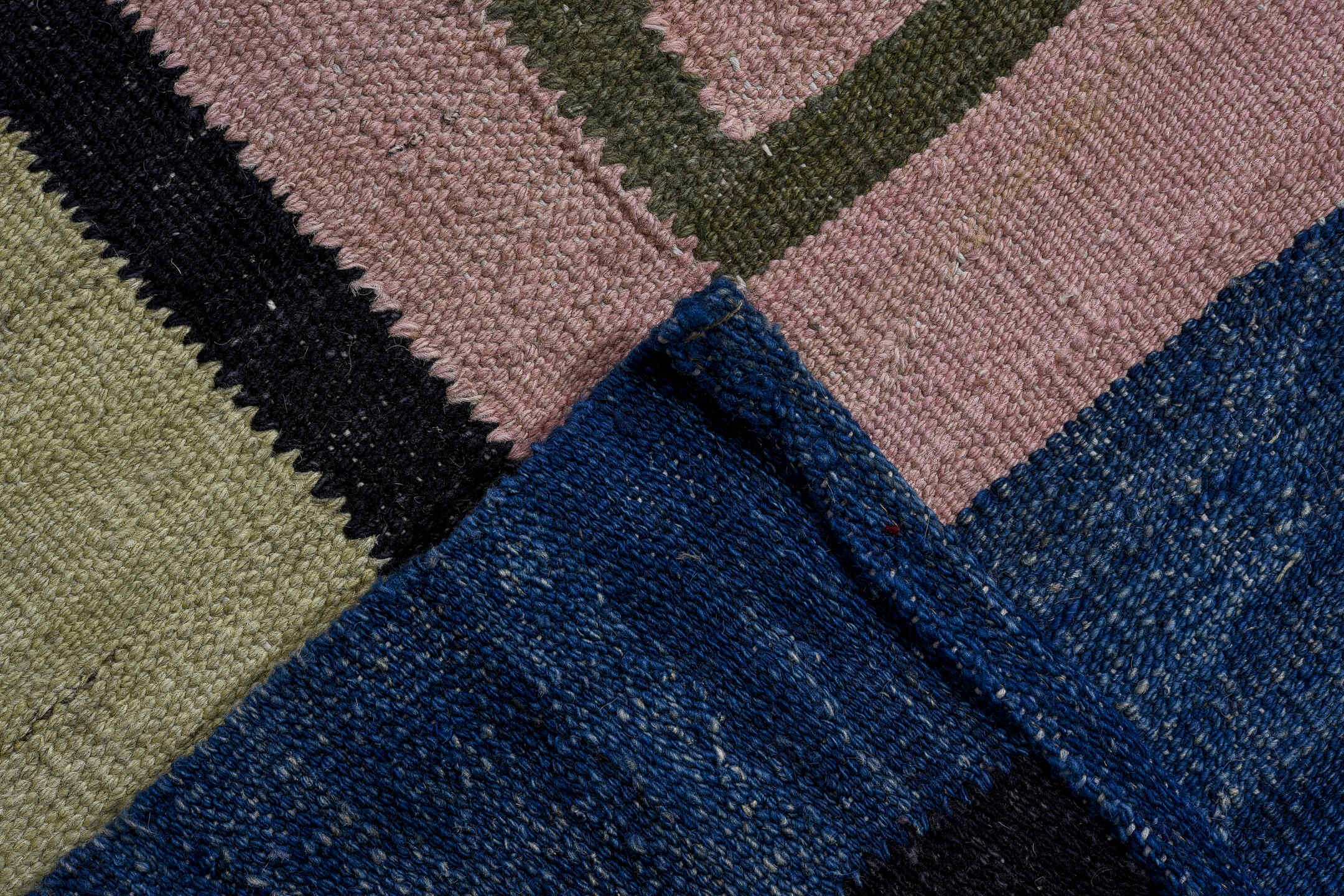 9' x 11' one-of-a-kind handmade vintage Kilim large size rug. Color palette: blue, ivory, black, blush, olive, cream, slate