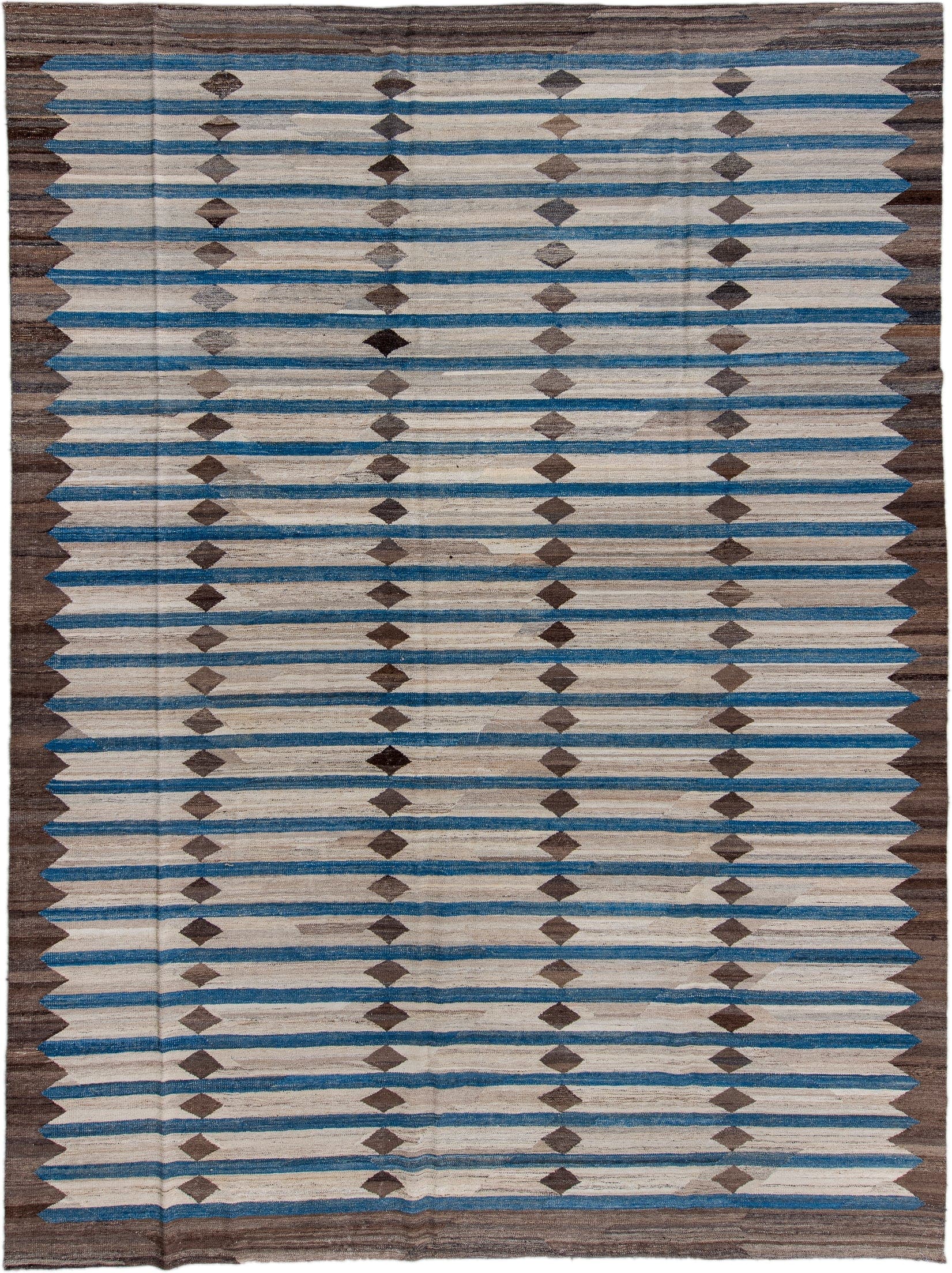 10' x 13' one-of-a-kind handmade vintage Kilim large size rug. Color palette: ivory, brown, blue, taupe, charcoal, beige
