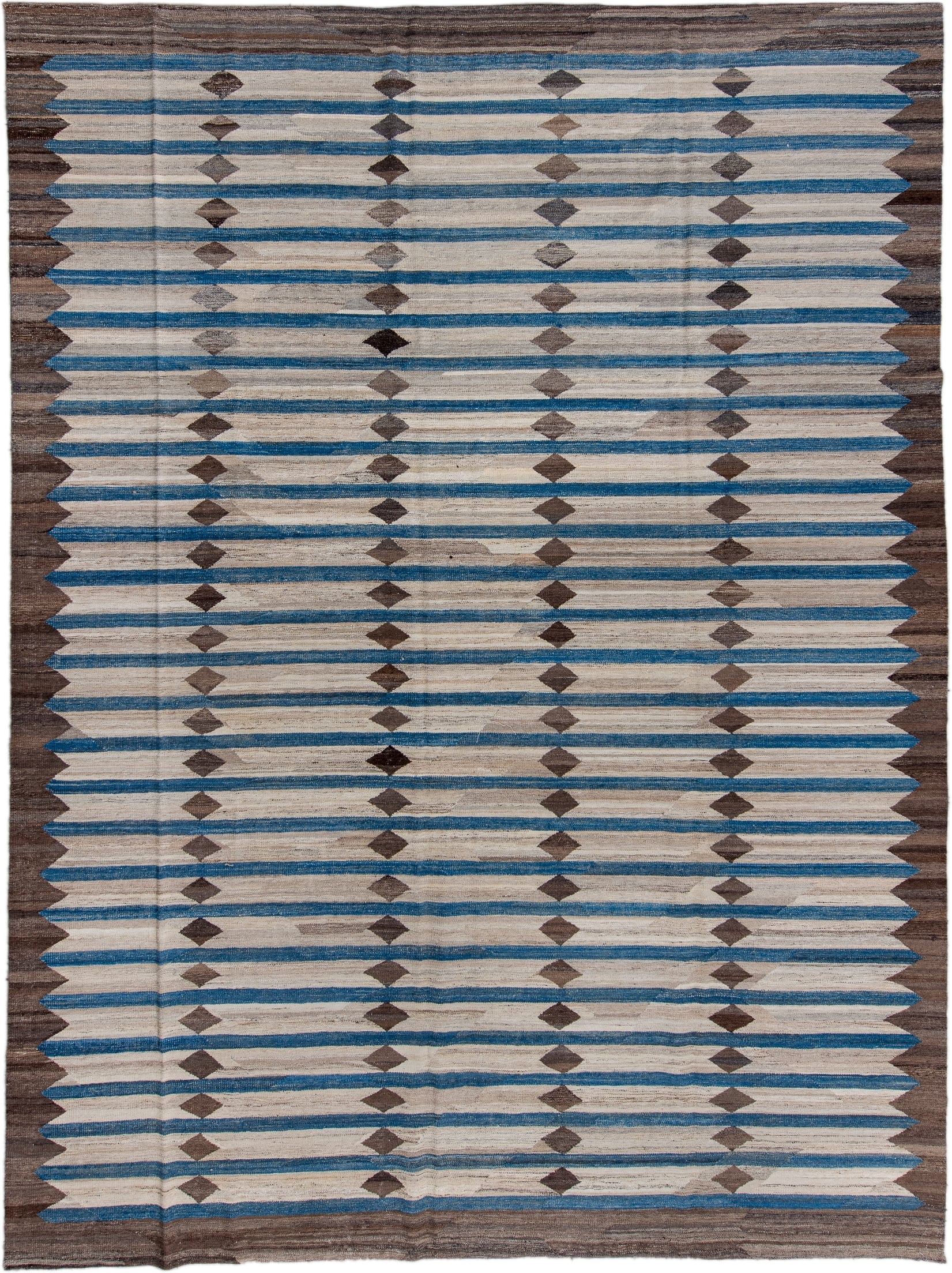 10' x 13' one-of-a-kind handmade vintage Kilim large size rug. Color palette: ivory, brown, blue, taupe, charcoal, beige