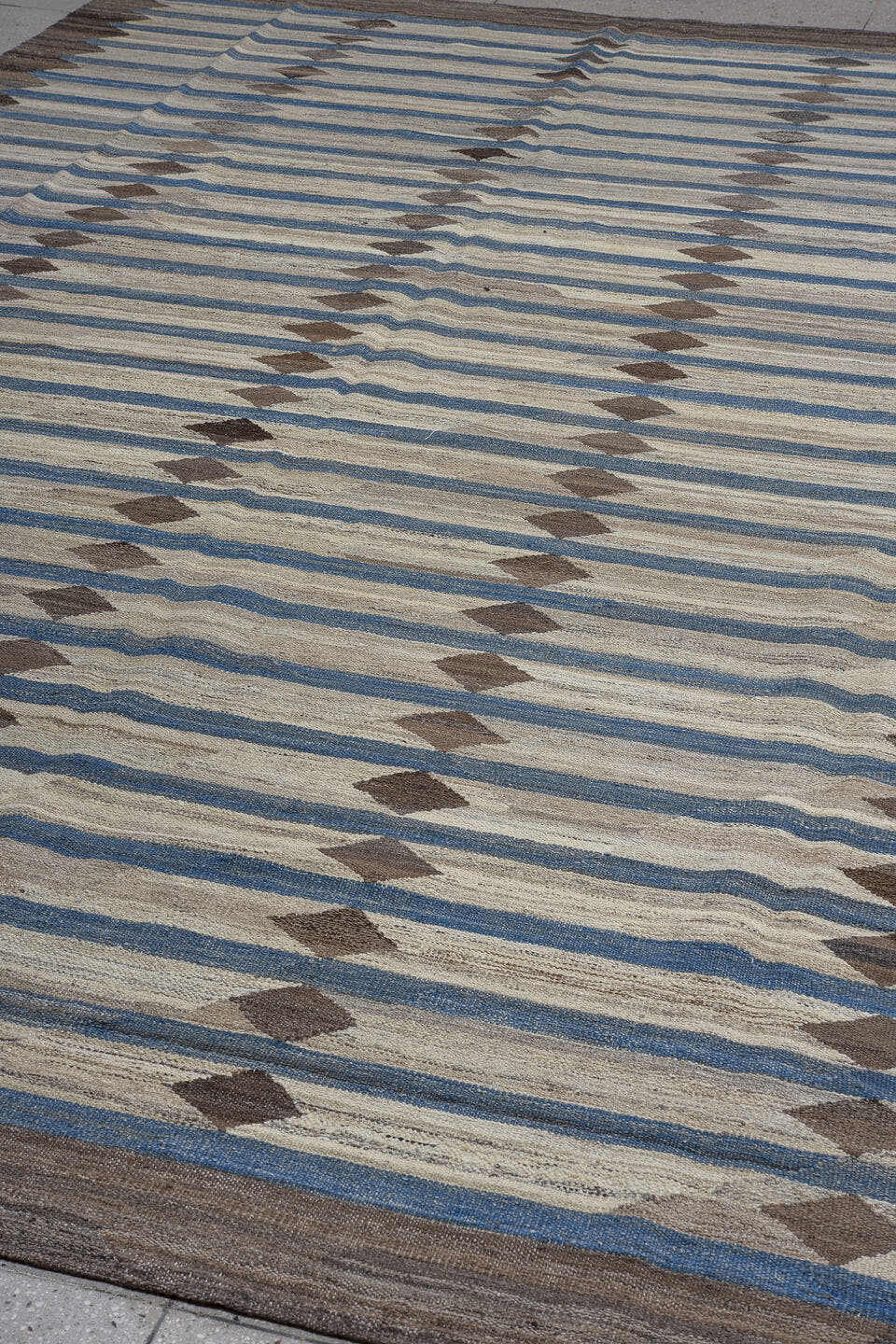 10' x 13' one-of-a-kind handmade vintage Kilim large size rug. Color palette: ivory, brown, blue, taupe, charcoal, beige