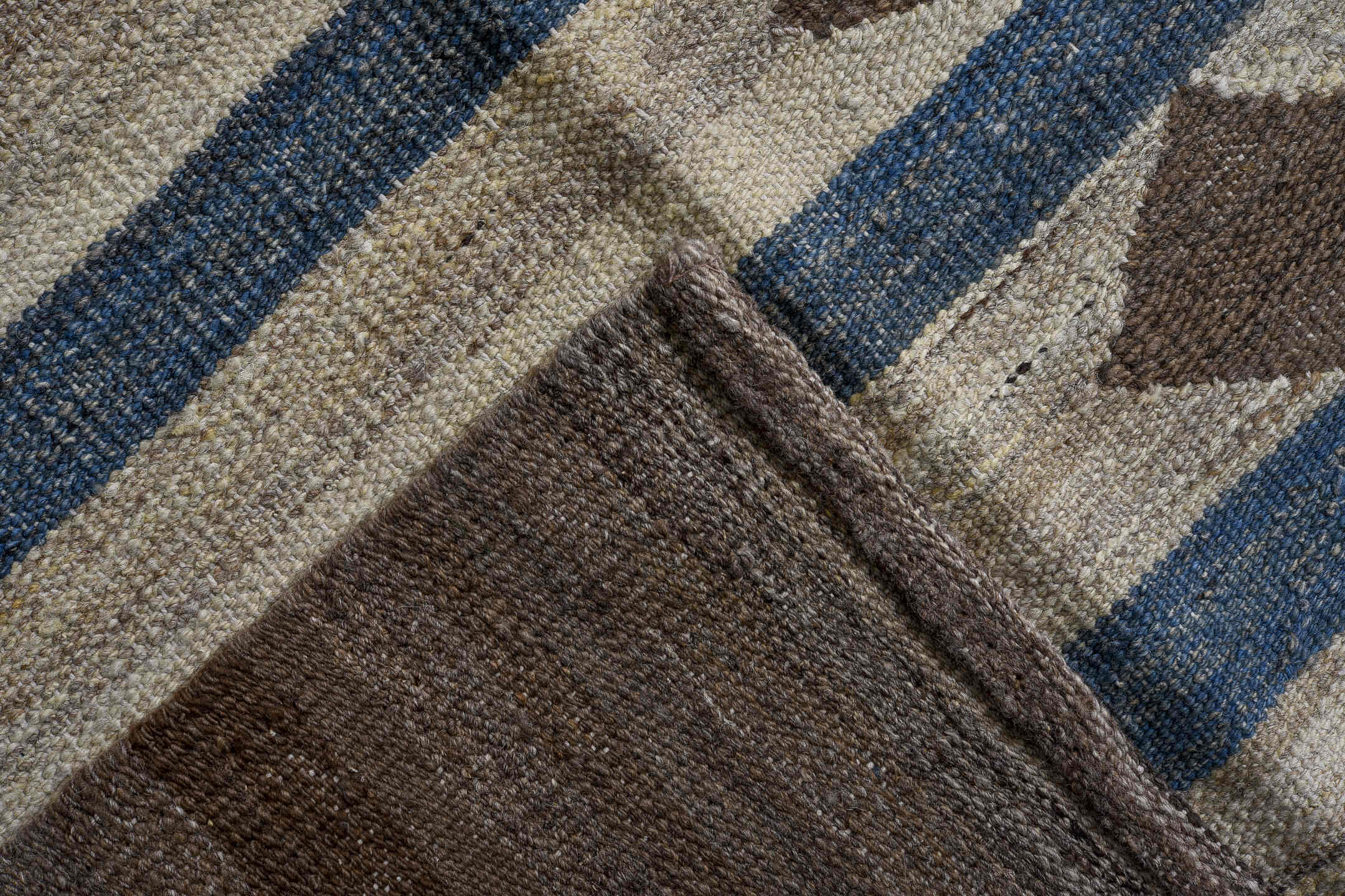 10' x 13' one-of-a-kind handmade vintage Kilim large size rug. Color palette: ivory, brown, blue, taupe, charcoal, beige