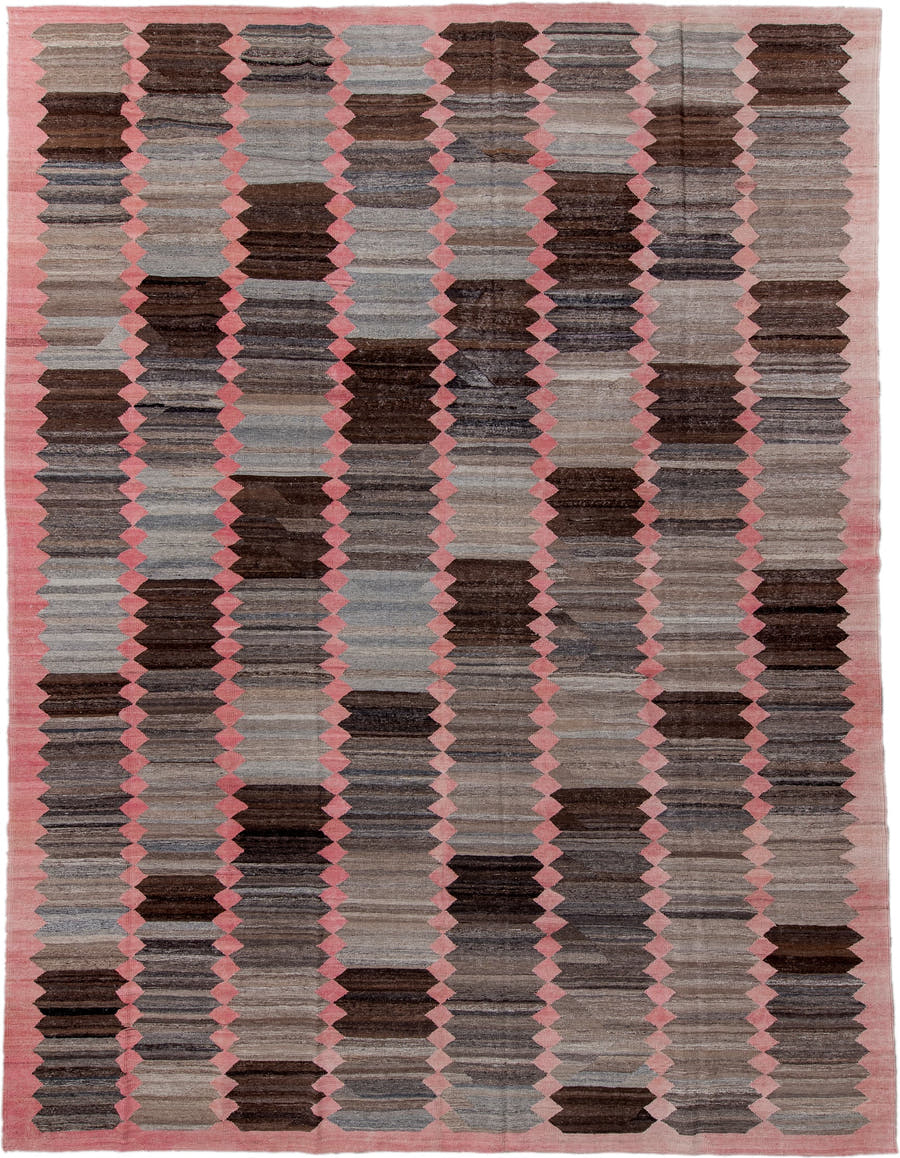 11' x 15' one-of-a-kind handmade vintage Kilim oversize rug. Color palette: taupe, pink, charcoal, brown, gray, ivory, beige