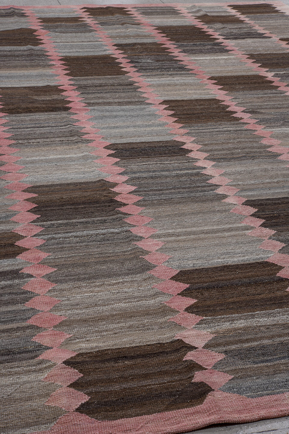 11' x 15' one-of-a-kind handmade vintage Kilim oversize rug. Color palette: taupe, pink, charcoal, brown, gray, ivory, beige