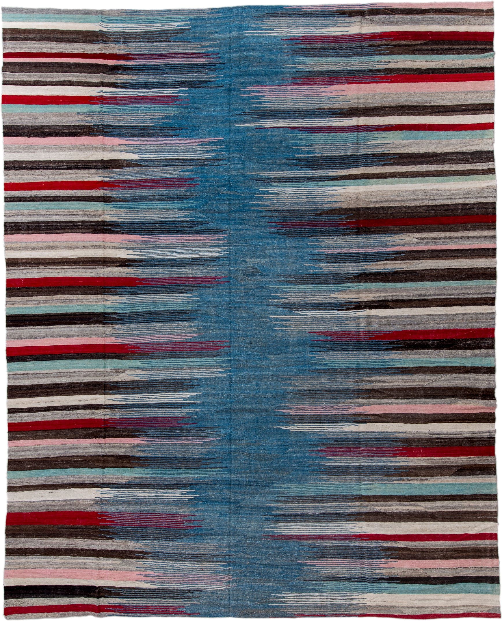 12' x 15' one-of-a-kind handmade vintage Kilim oversize rug. Color palette: blue, charcoal, ivory, crimson, blush, aqua