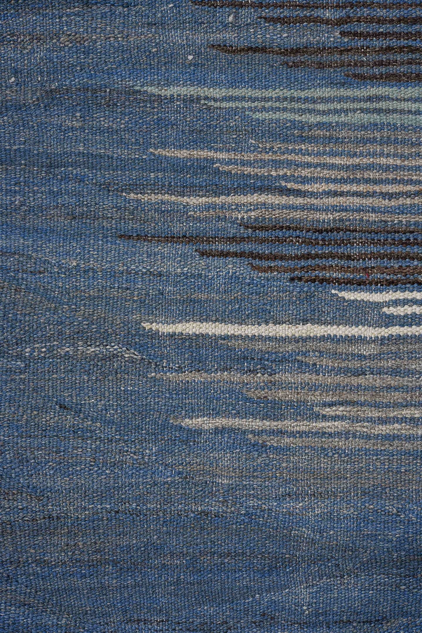 12' x 15' one-of-a-kind handmade vintage Kilim oversize rug. Color palette: blue, charcoal, ivory, crimson, blush, aqua